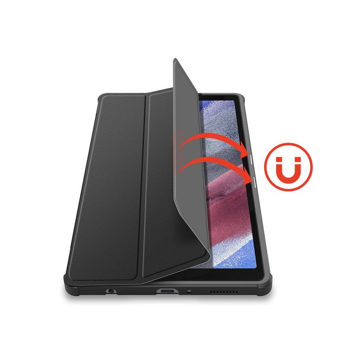 Una custodia per tablet nera con chiusura magnetica, che rivela il tablet all'interno.