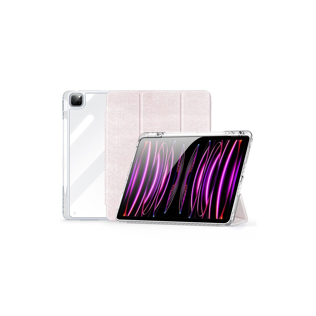 Due tablet con custodie, quello anteriore è aperto, mostrando uno schermo rosa e viola.