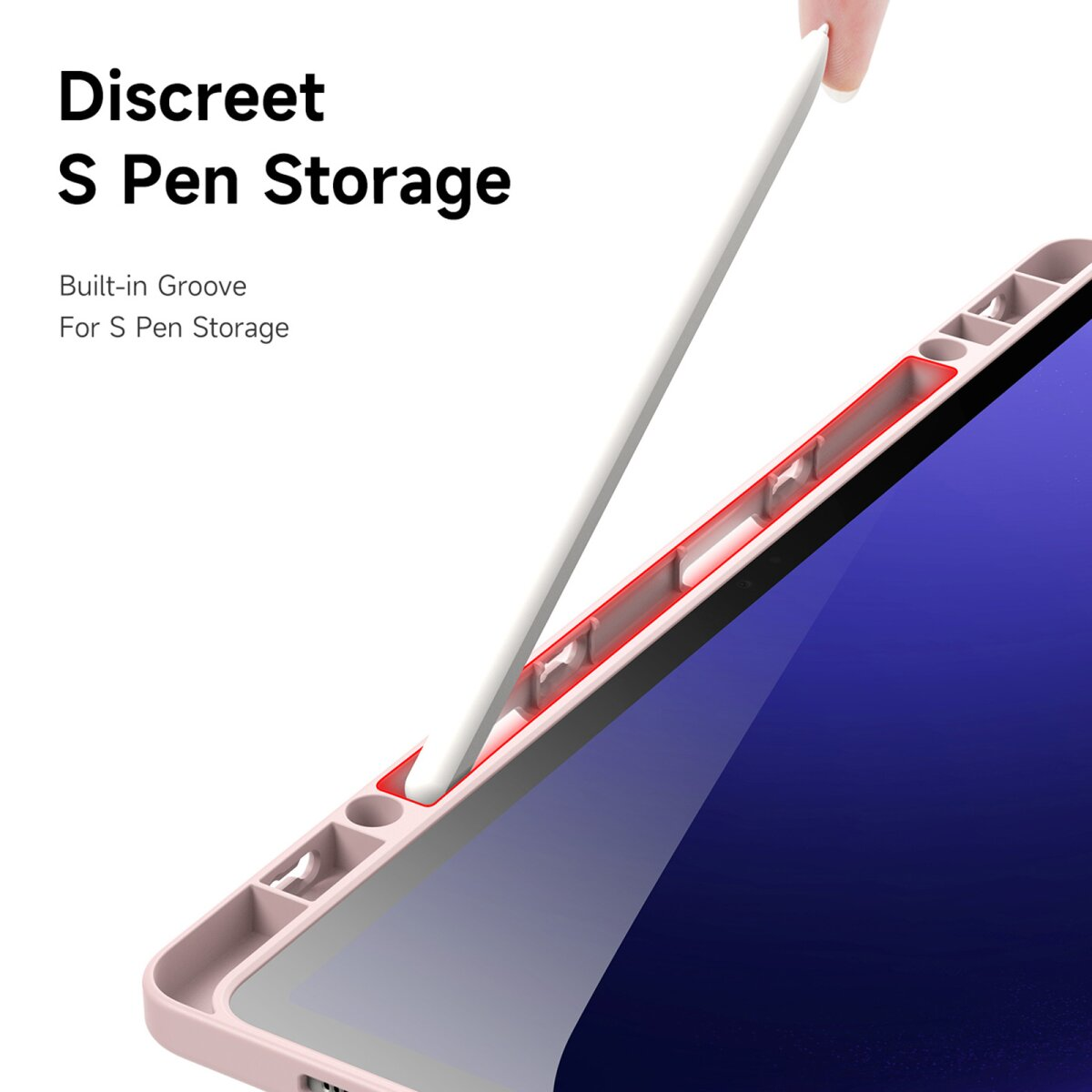Close-up van een telefoonhoesje en een stylus. De stylus wordt in de hoes geplaatst.