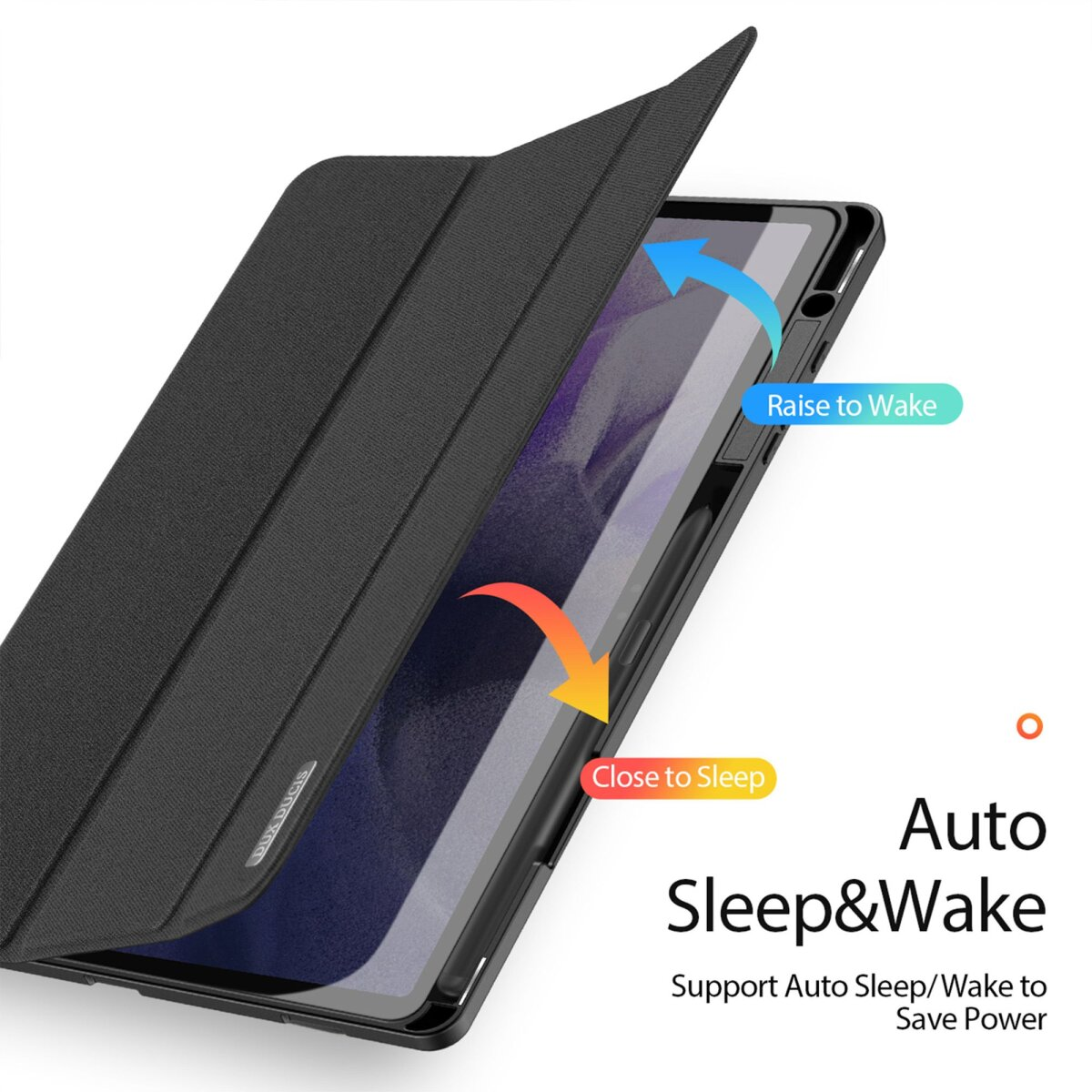 Custodia nera con un tablet. Frecce mostrano funzioni 'Raise to Wake' e 'Close to Sleep'.