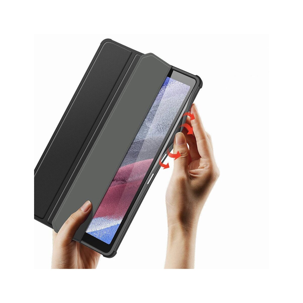Tablet in una custodia nera, tenuto da mani. Frecce indicano il flusso d'aria.