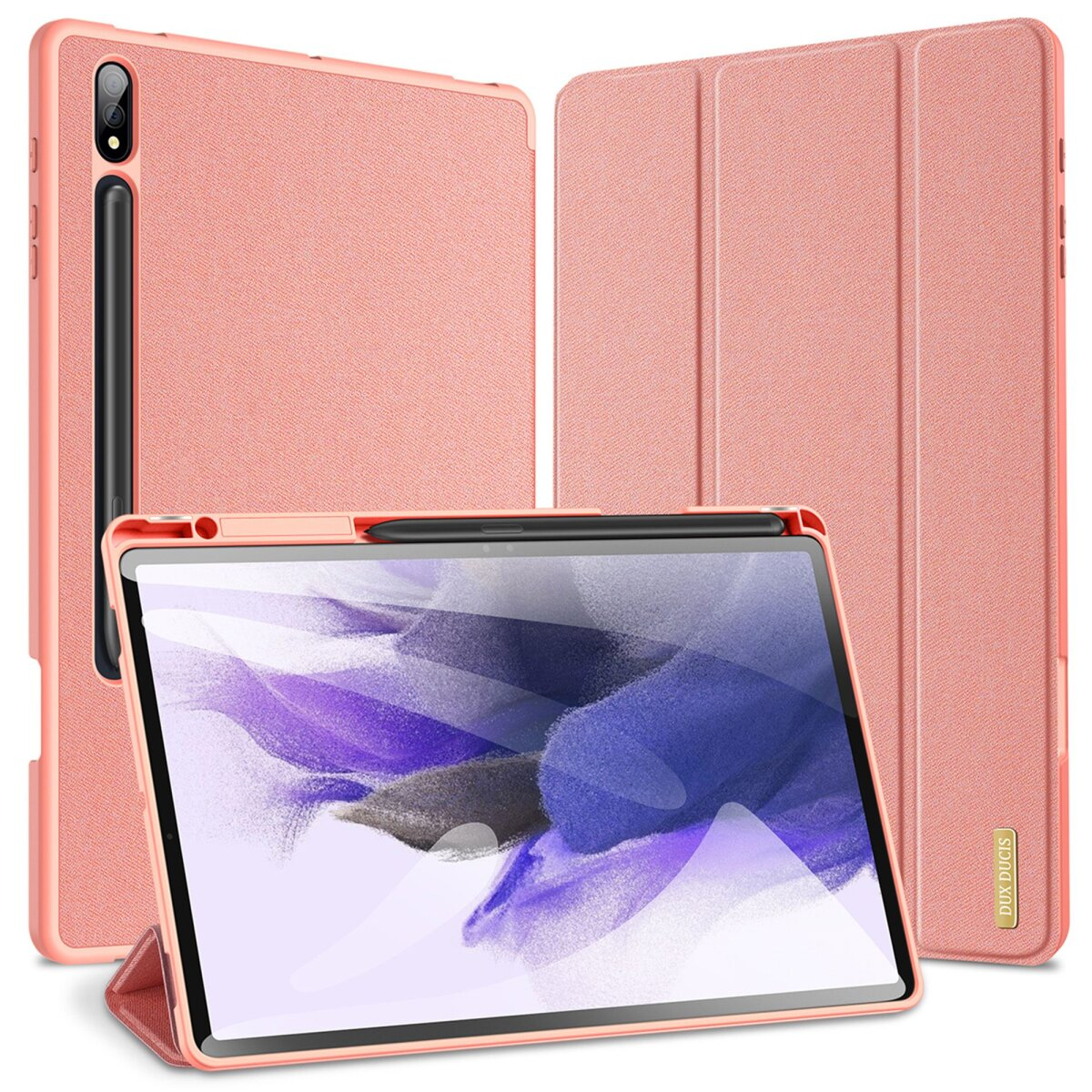 Tablet rosa in una custodia, con uno stilo. La custodia è aperta, appoggiata. Una tavoletta Samsung è visibile.