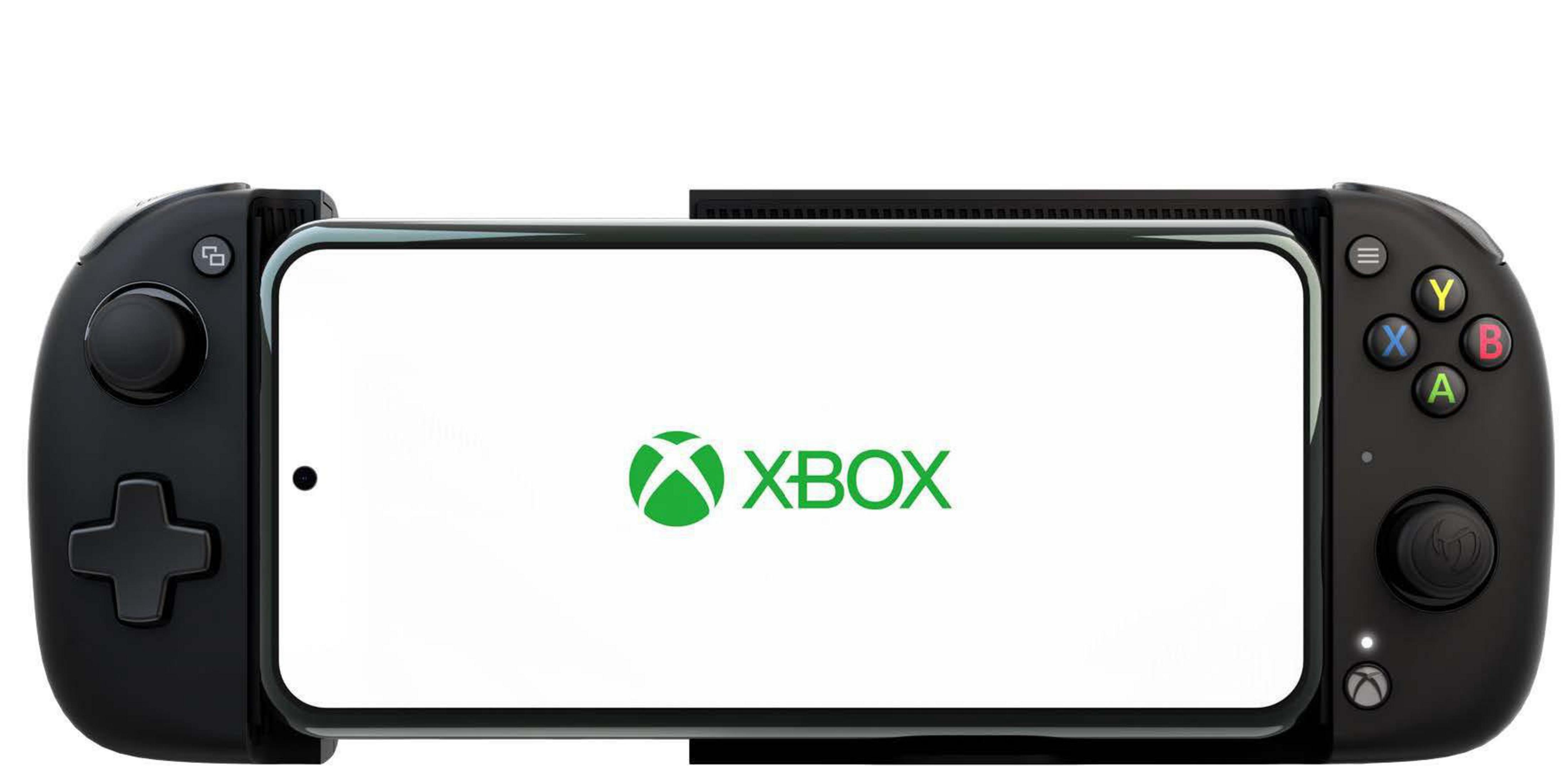 Ein Smartphone in einem schwarzen Gamepad-Controller, mit Xbox-Logo.