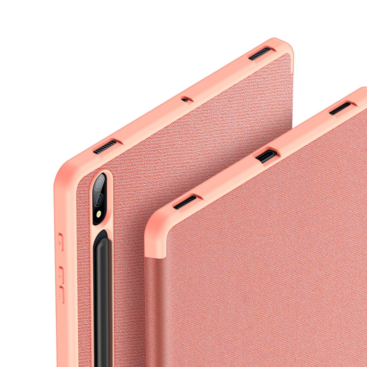 Primo piano di due custodie per tablet rosa. Una ha una penna. Sfondo bianco. Finitura strutturata.