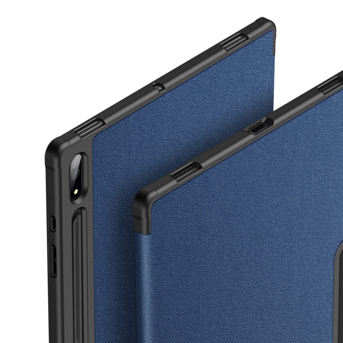 Primo piano di una custodia blu per tablet. Mostra i bordi e un ritaglio per la fotocamera. Cornice nera.