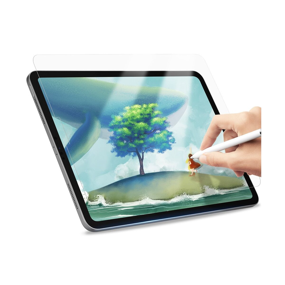 Ein Tablet mit Displayschutz. Eine Hand zeichnet auf den Bildschirm, Baum und Wal werden angezeigt.