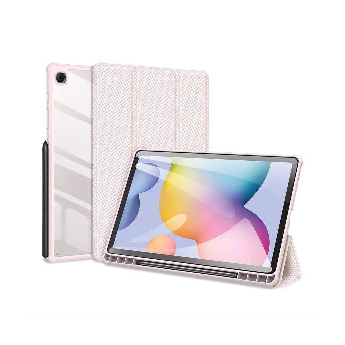 Un tablet in una custodia rosa con uno stilo. Un altro tablet è parzialmente visibile dietro. Sfondo bianco.