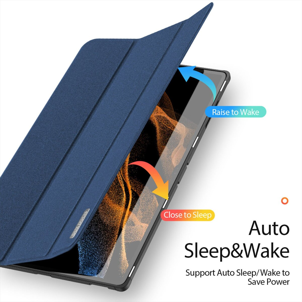 Custodia blu per tablet, tablet all'interno. Testo: Auto Sleep&Wake, Risveglio, Chiudi per dormire.