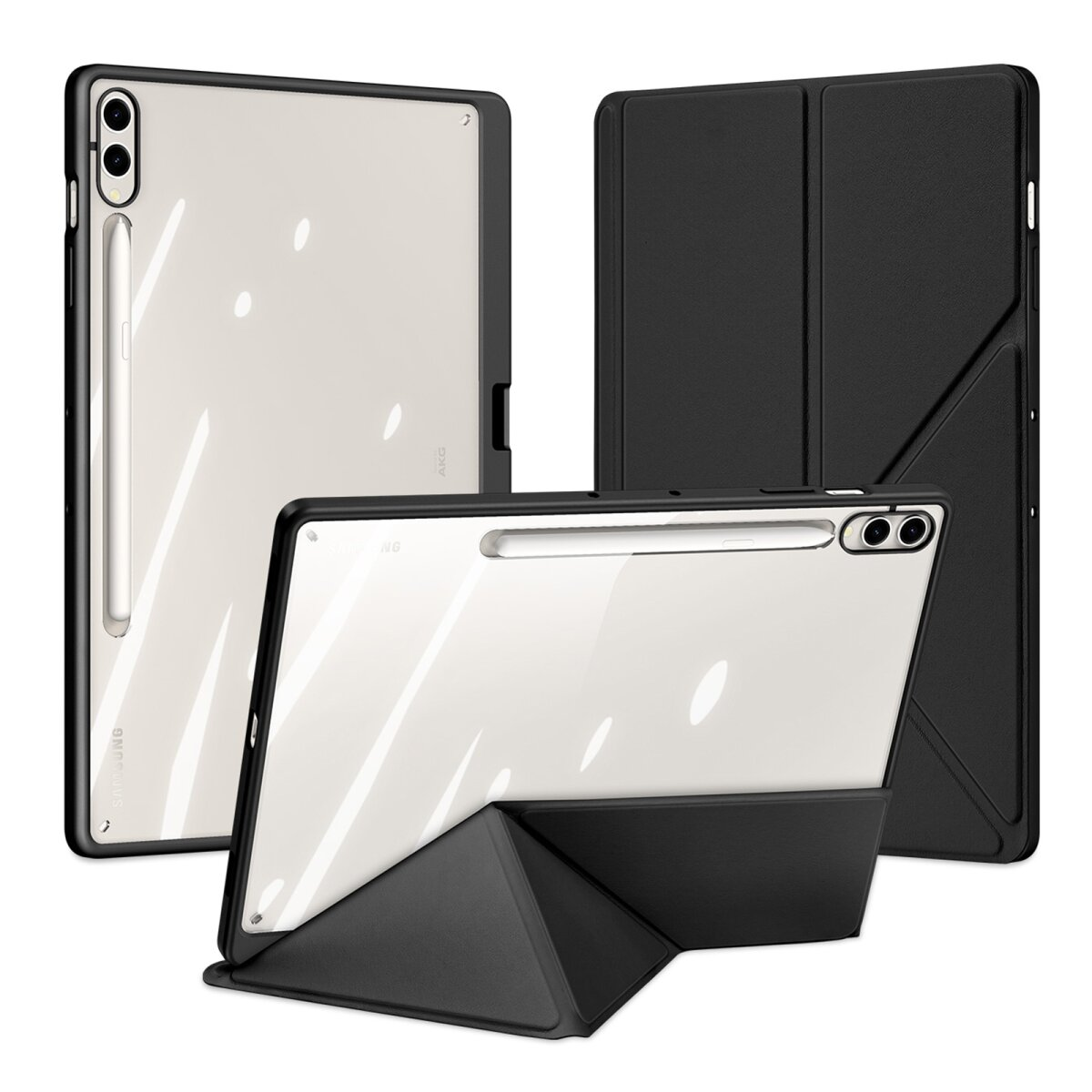Ein Tablet mit Stift und Schutzhülle. Drei Winkel des Tablets sind in Schwarz gezeigt.