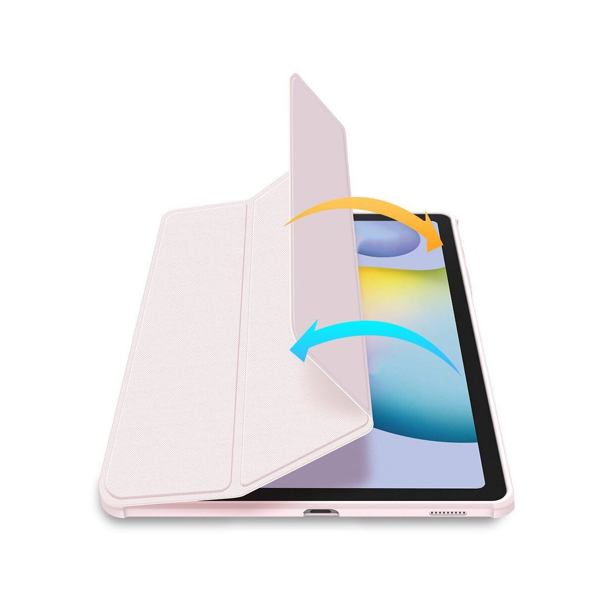Custodia per tablet rosa con coperchio aperto. Frecce blu e arancioni che mostrano apertura e chiusura.