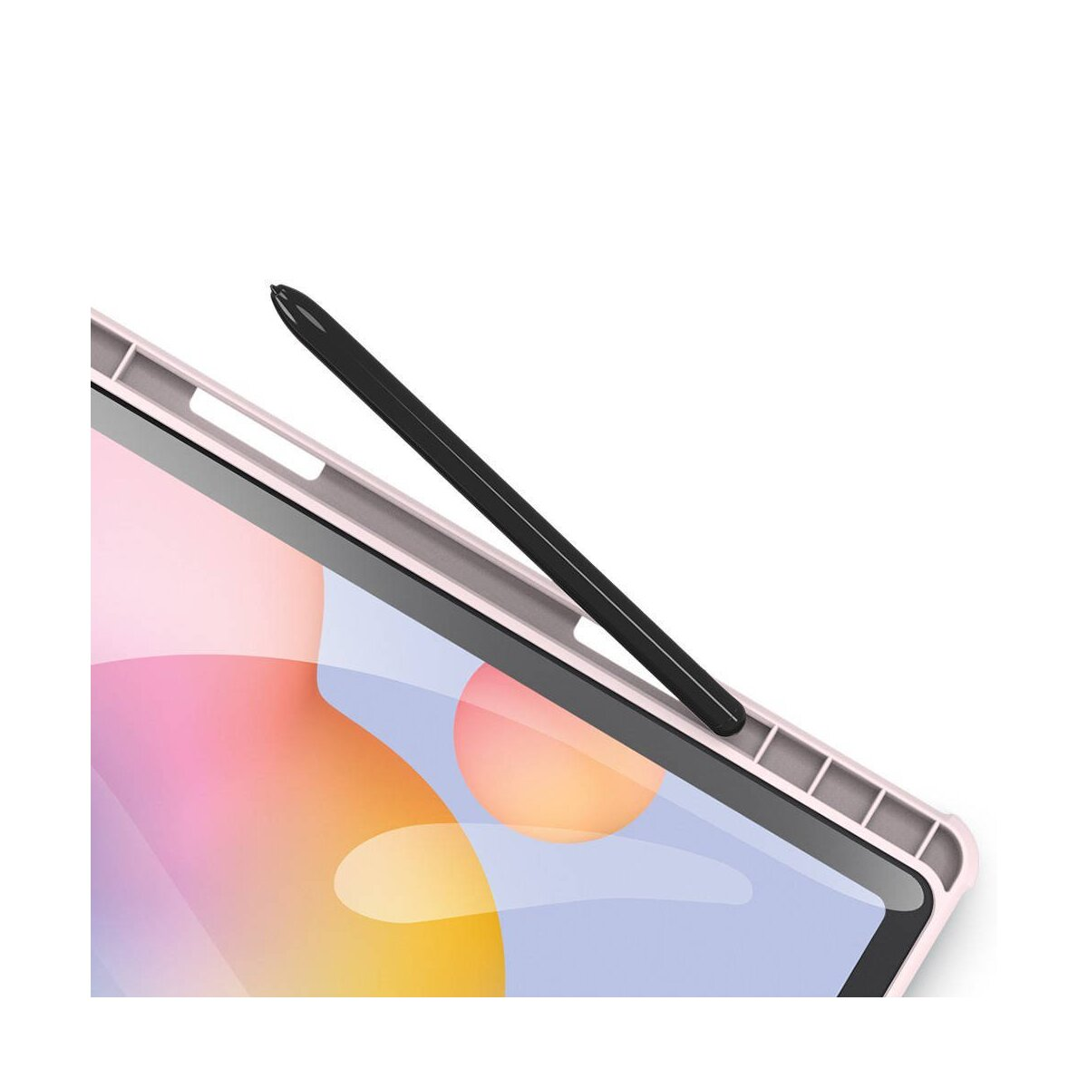 Un tablet con uno stilo nero, posto su una superficie bianca.