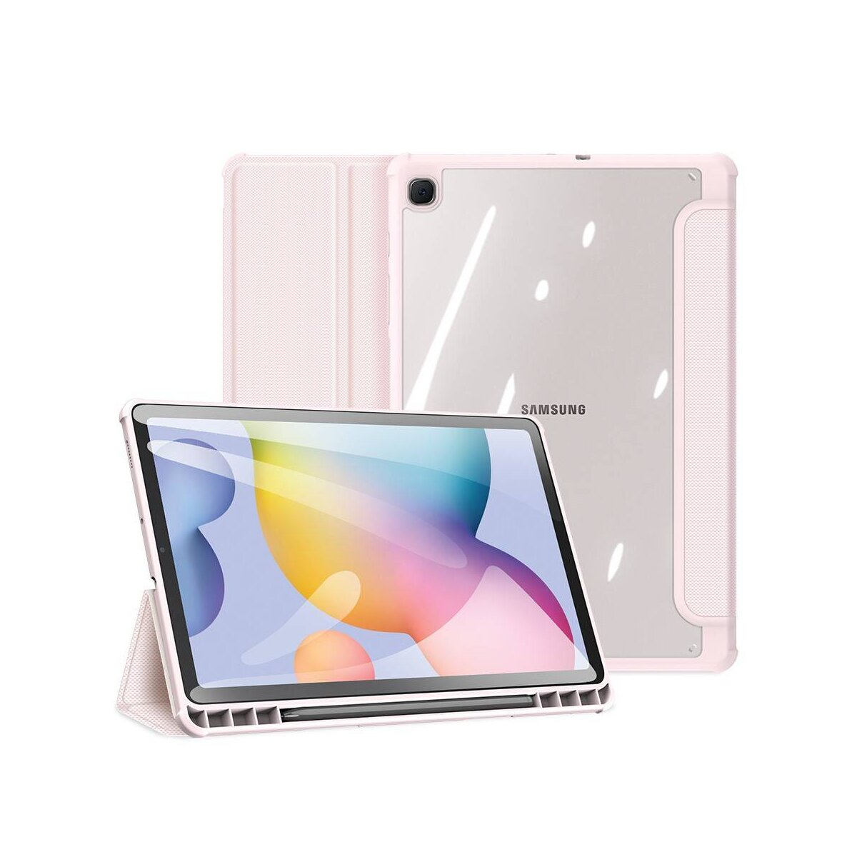 Tablet rosa in una custodia rosa. Lo schermo mostra un'immagine.