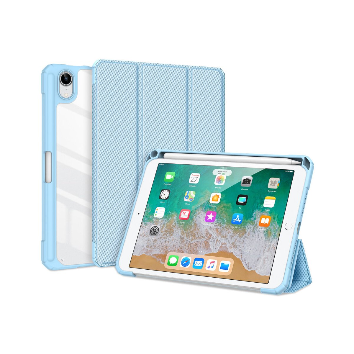 Blaue iPad-Hülle und ein iPad. Die Hülle ist offen, mit einem Ständer. Das iPad steht auf dem Ständer.