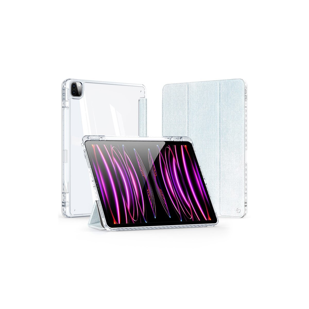 Tablet con custodia e cover. Tablet in custodia trasparente, in piedi. Cover con tessuto azzurro, sfondo bianco.
