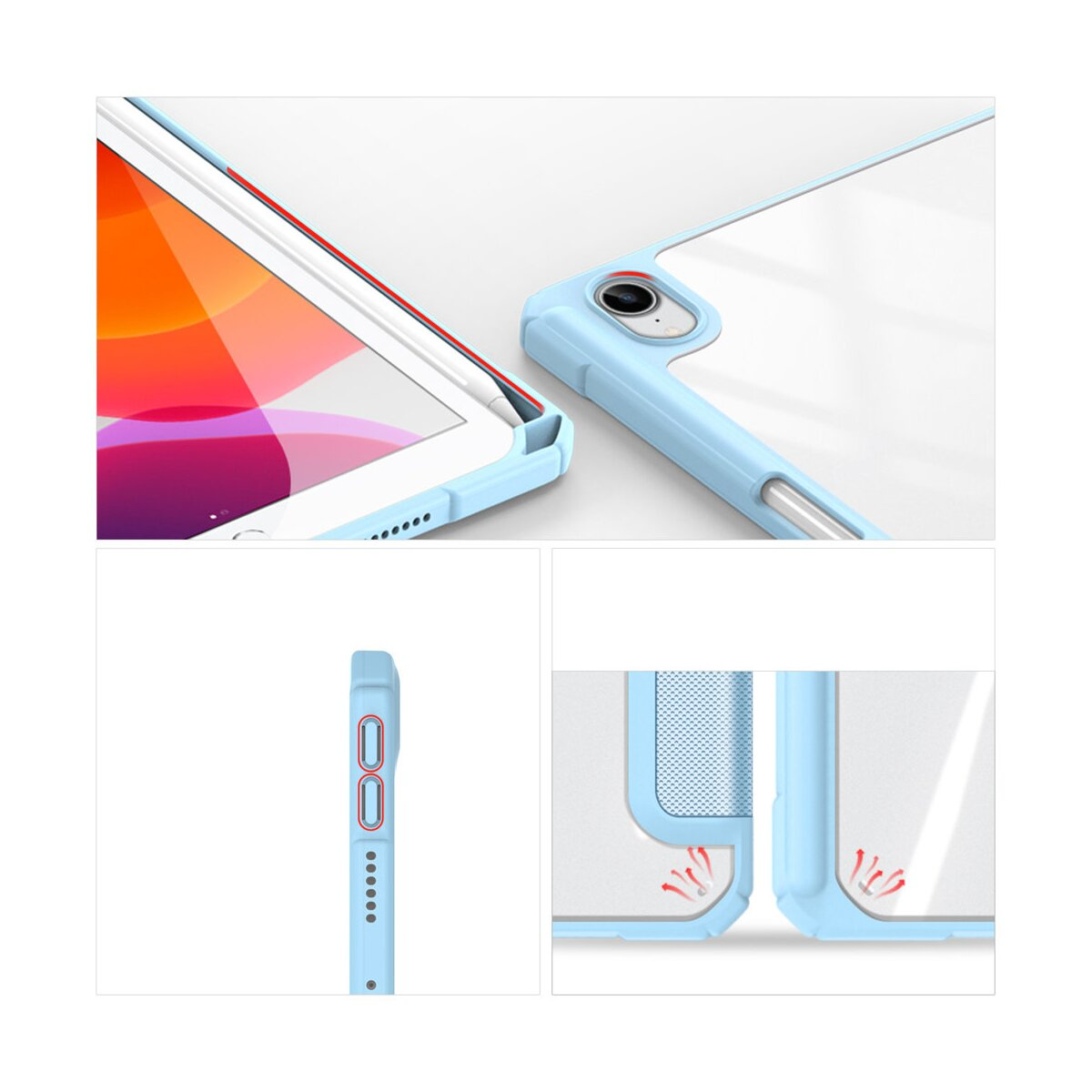 Nahaufnahme einer blauen Tablethülle. Die Hülle ist geöffnet und das Tablet befindet sich darin. Weißer Hintergrund.