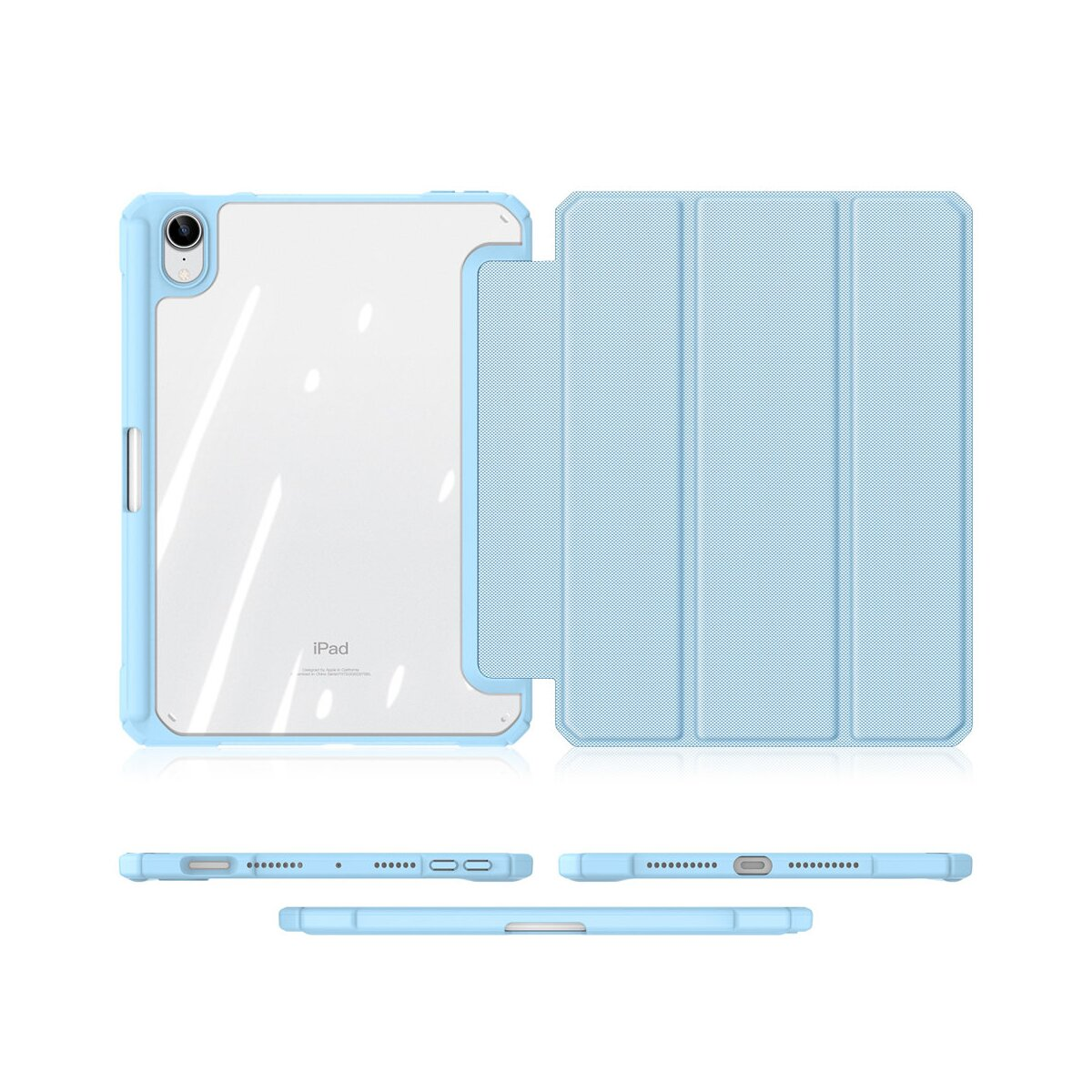 Eine blaue iPad-Hülle in mehreren Ansichten, die Vorderseite, Seiten und Unterseite zeigt.