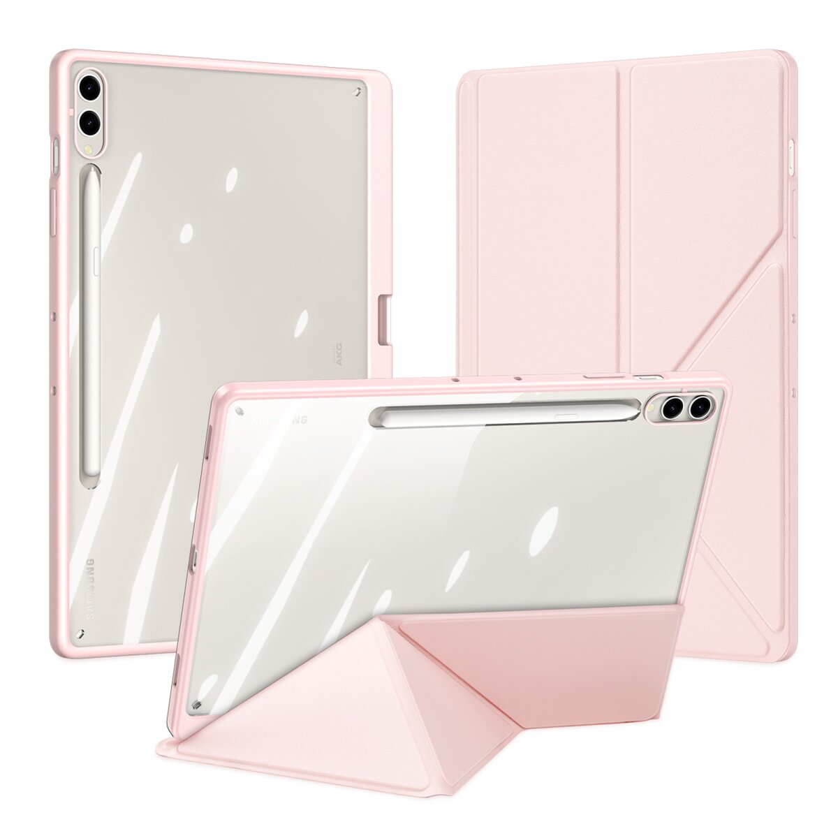 Roze tablethoezen in verschillende posities, met een transparante achterkant die de tablet toont. Een stylus is inbegrepen.