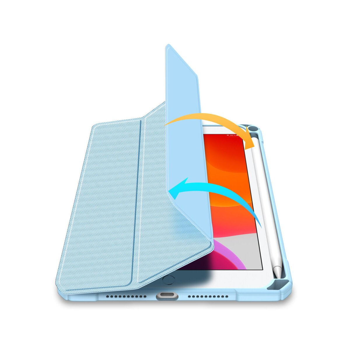 Blaue Tablet-Hülle mit Tablet und Stift.