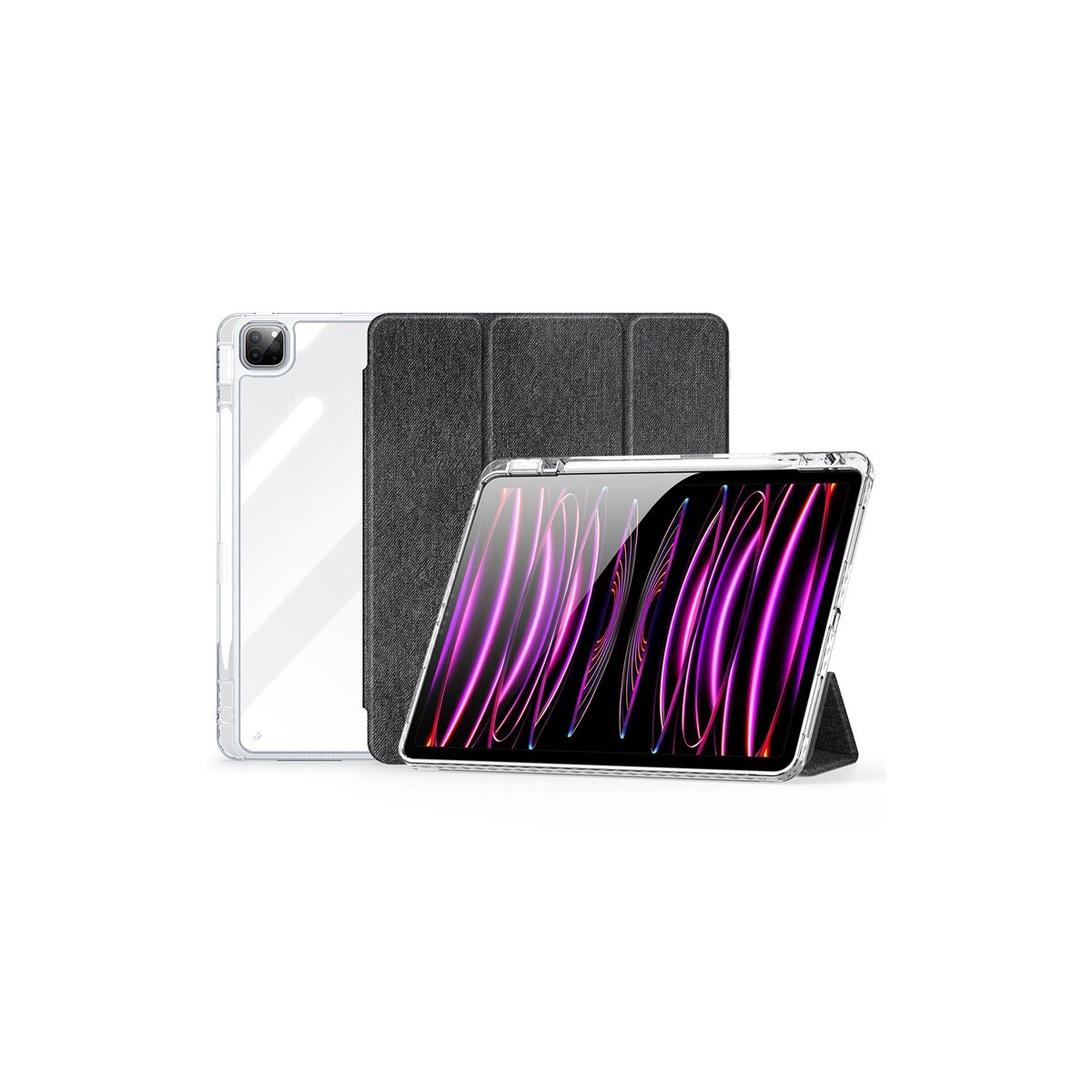 Silbernes und schwarzes iPad mit einer transparenten Hülle und einer dunkelgrauen Abdeckung, vor weißem Hintergrund.