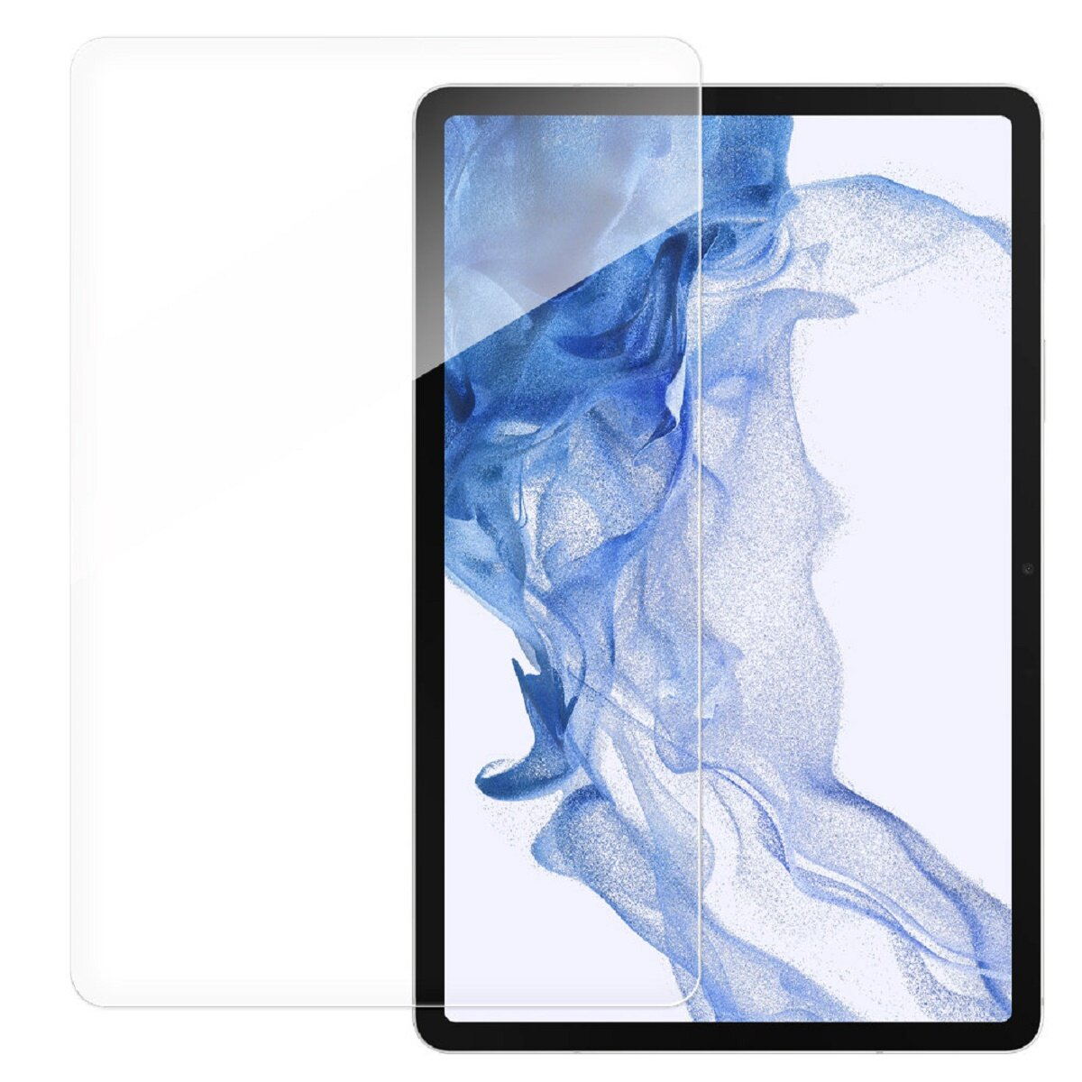 Tablet con protezione schermo applicata. Sfondo bianco.