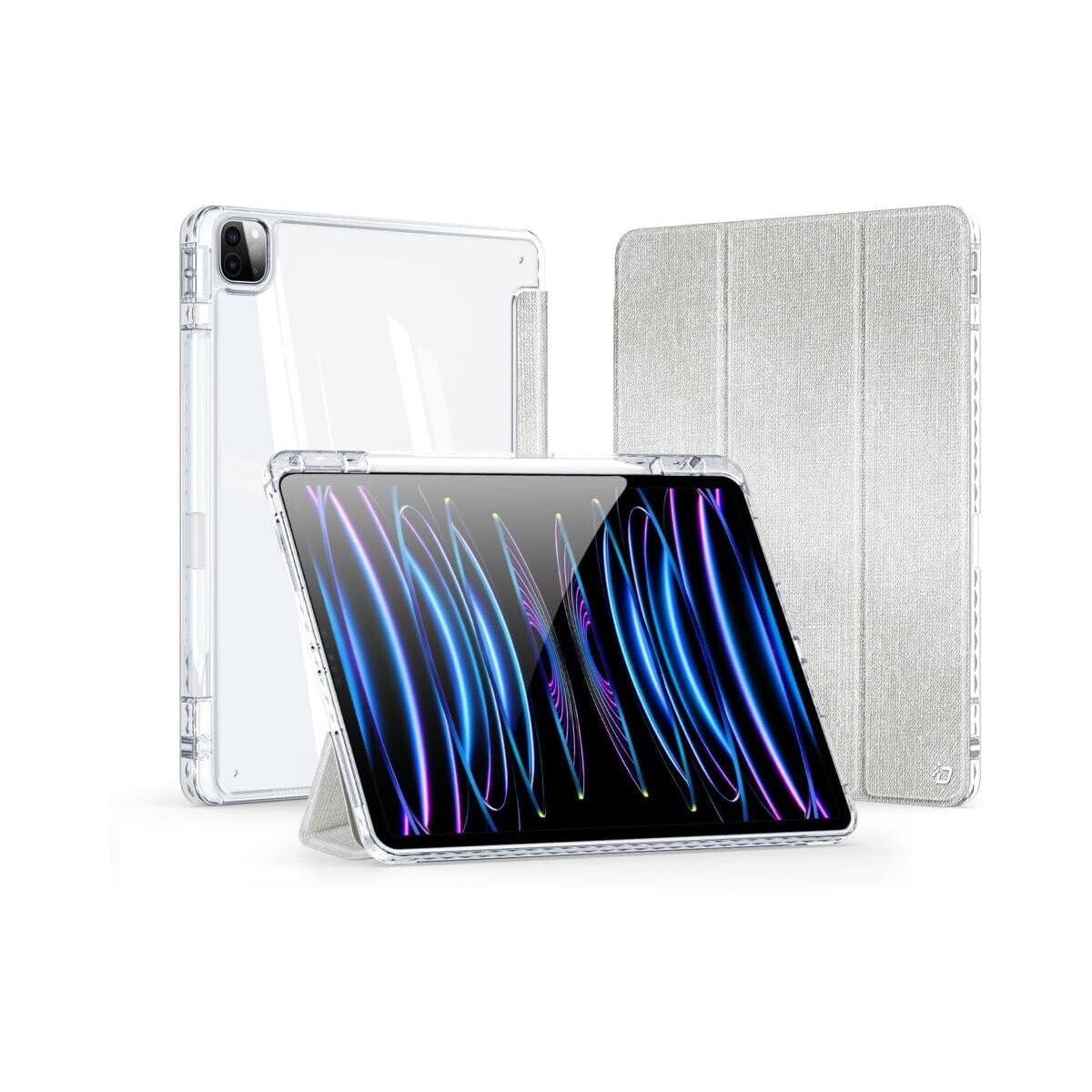 Ein Tablet in einer transparenten Hülle mit einem Ständer. Zwei weitere Tablets, eines transparent und eines in einer Hülle, sind dahinter.