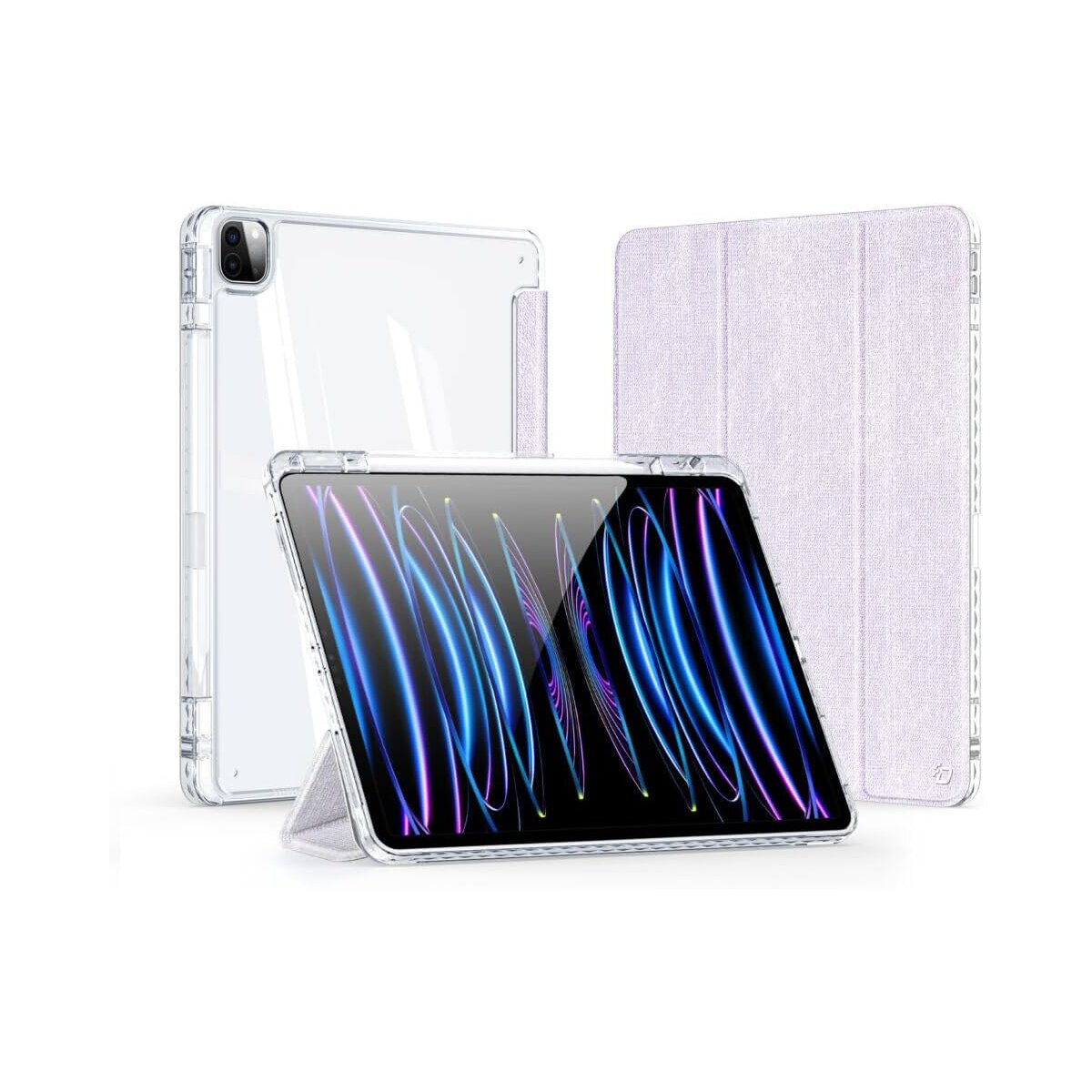 Eine transparente Tablet-Hülle mit Tablet, separater Hülle und Ständer.
