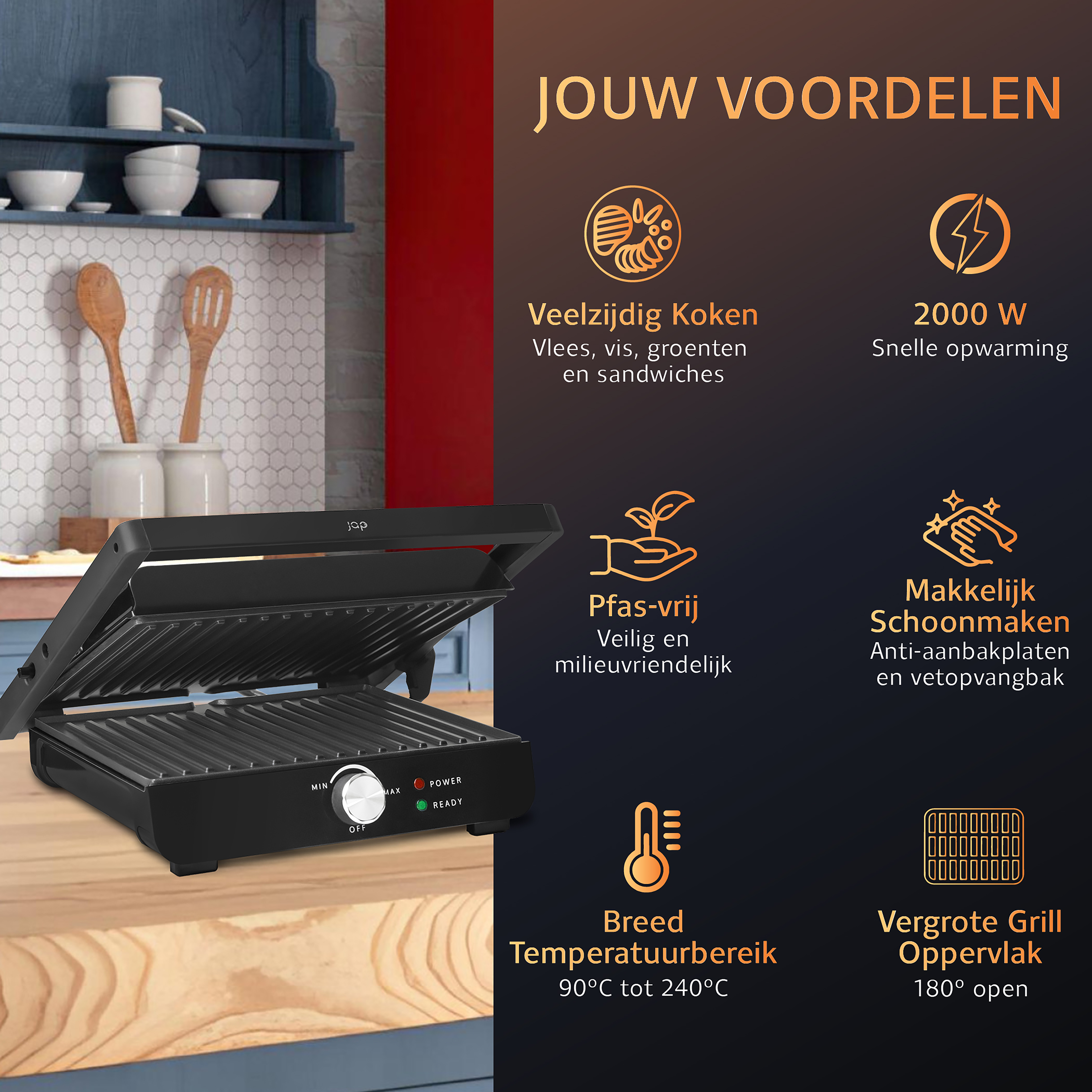 Black grill with open lid on a kitchen counter. Text about features displayed on the right.