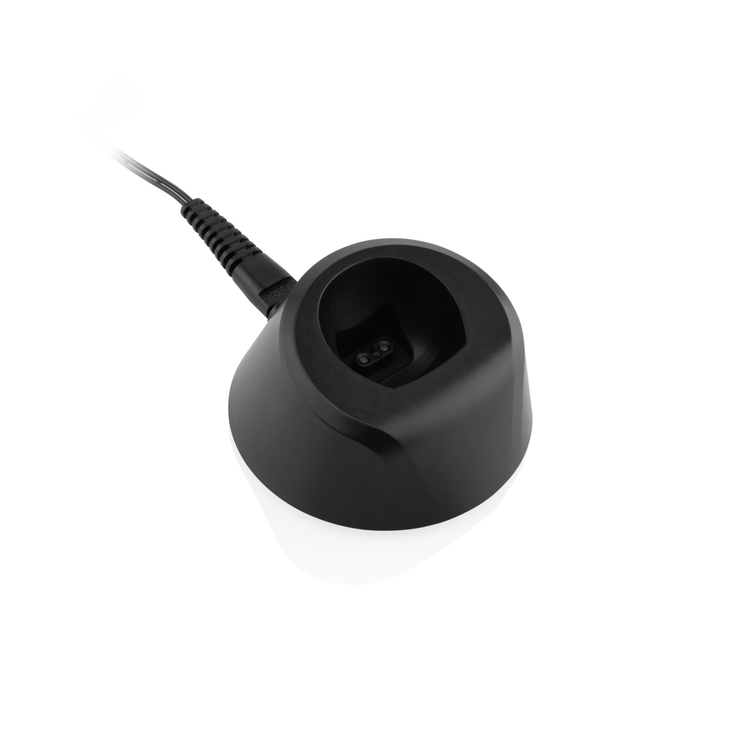 Eine schwarze Ladestation mit Kabel, für einen Elektrorasierer oder ein ähnliches Gerät.