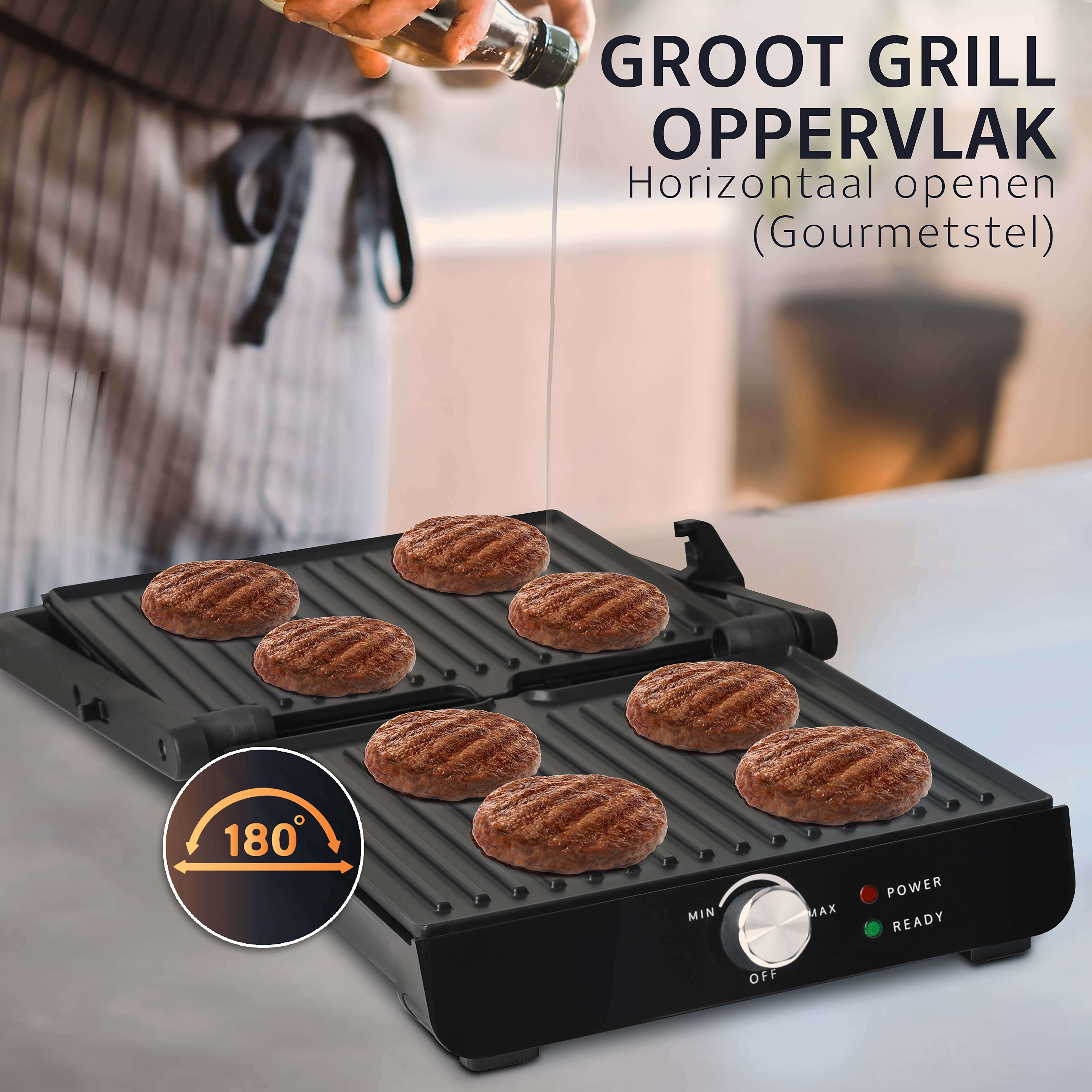 Grill with cooked burgers. A person pours oil. Text 'GROOT GRILL OPPERVLAK'. Black grill with burgers.