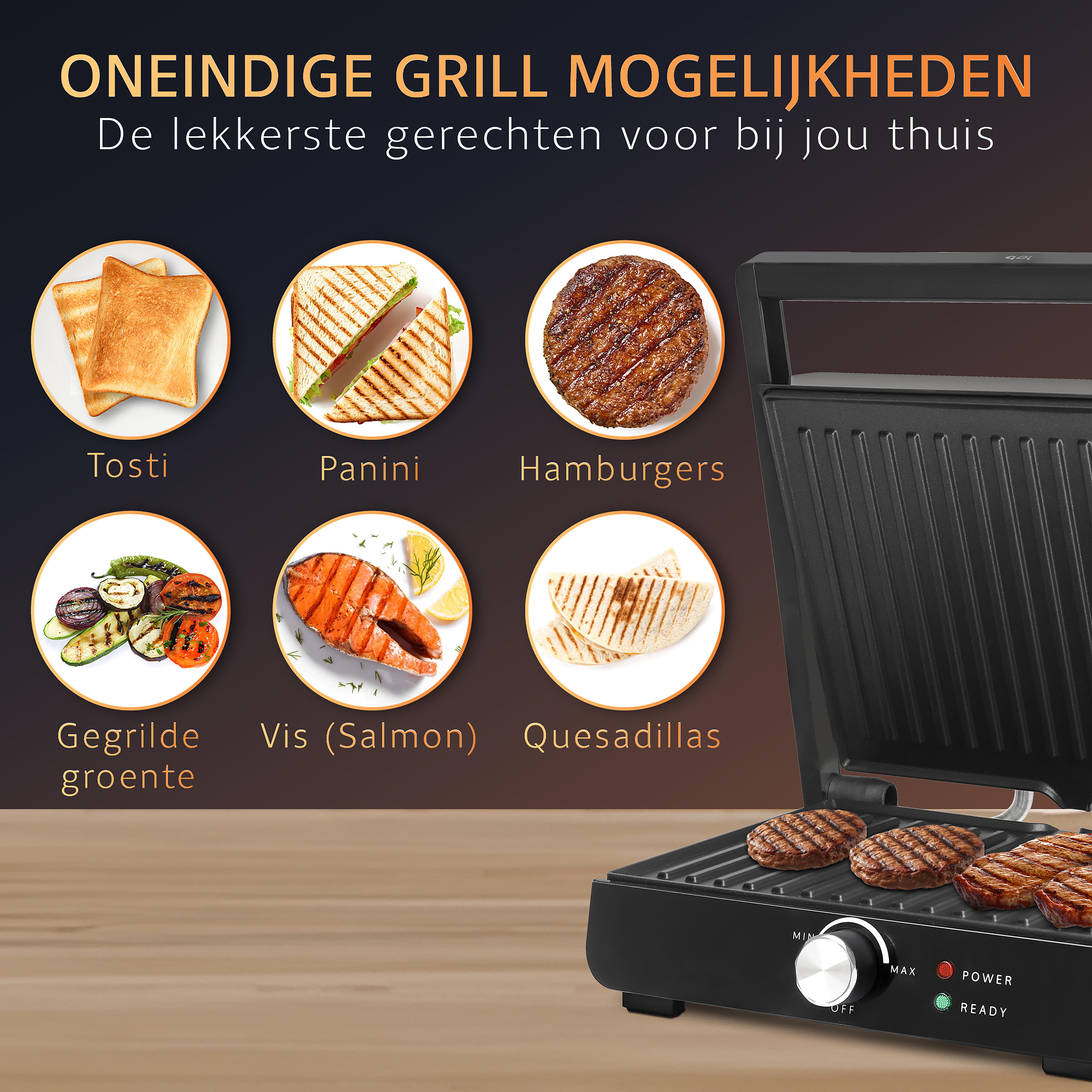 Black grill with various food options: toast, panini, burgers, grilled vegetables, salmon, quesadillas.