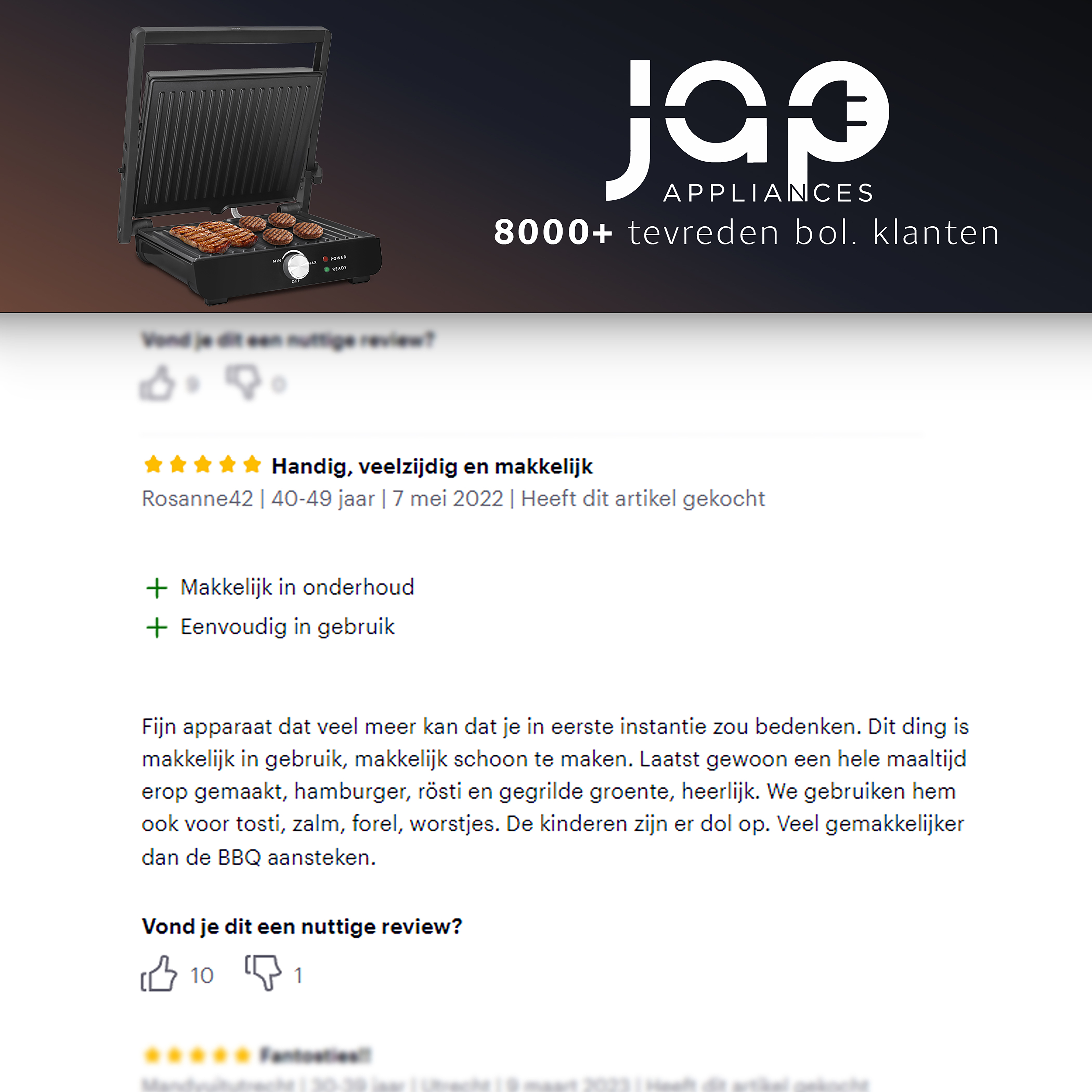 A Dutch review page with text and ratings. A grill and food are shown in the top left.