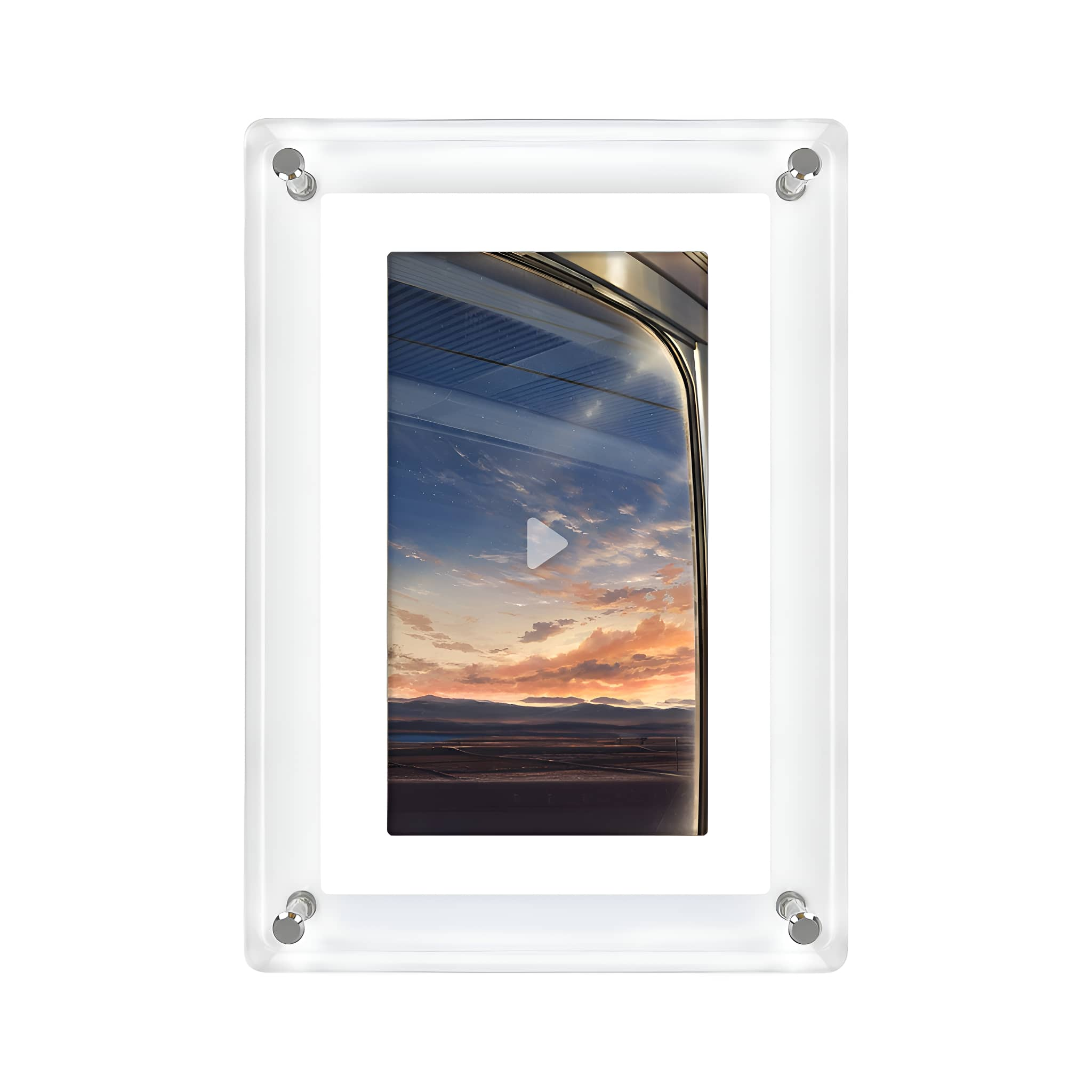 Ein Fotorahmen mit malerischer Aussicht auf einen Sonnenuntergang über einer Landschaft, mit Play-Button.
