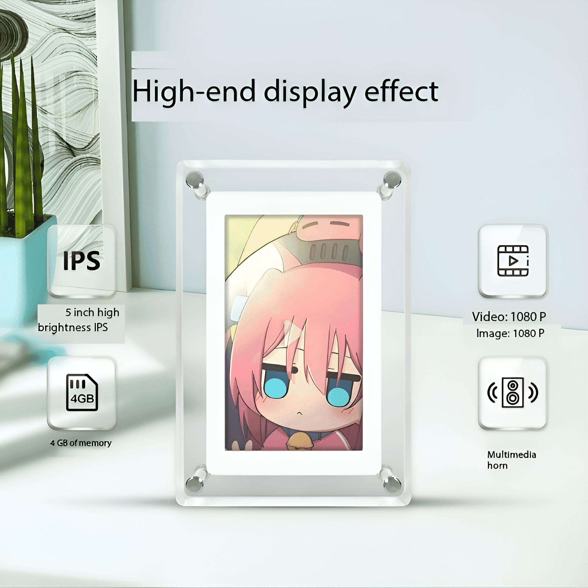 Ein digitaler Fotorahmen mit einem Anime-Bild. Text zeigt High-End-Display, 5-Zoll-IPS, 4GB Speicher.