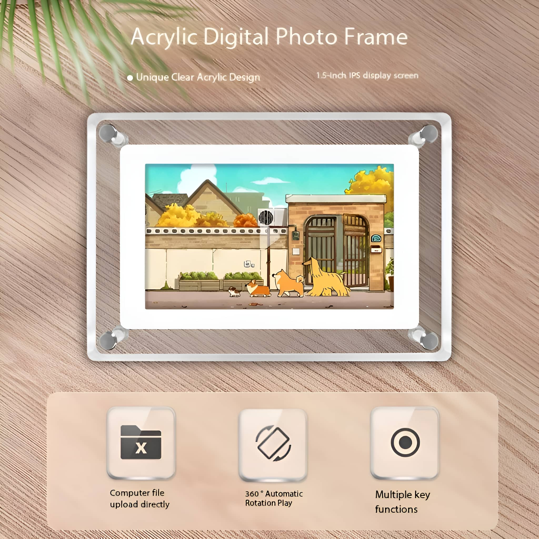 Digitaler Fotorahmen aus Acryl auf einem Holztisch. Cartoon-Hunde werden angezeigt. Text und Symbole unten.