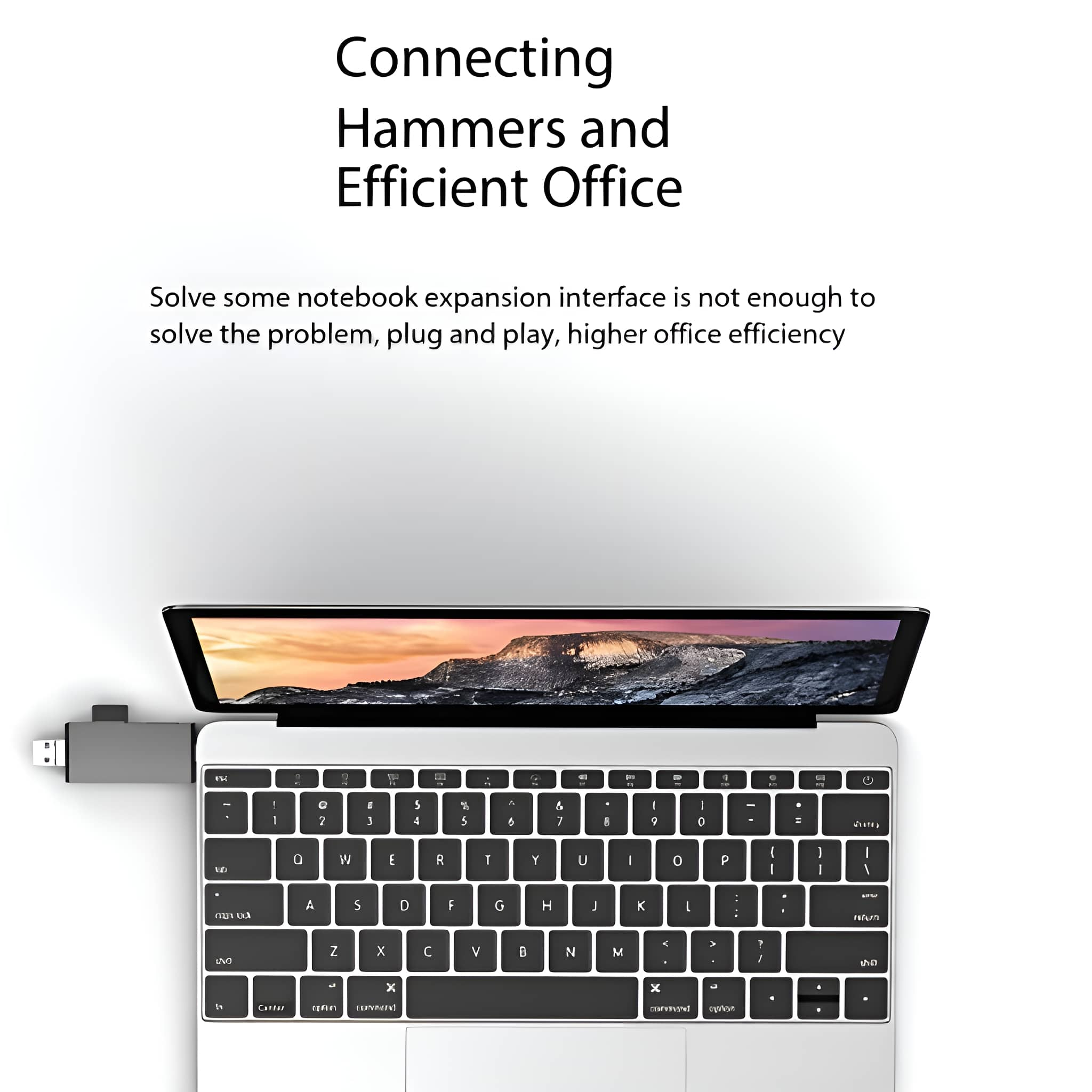 Laptop mit USB-Hub. Tastatur sichtbar. Text: Hämmer verbinden und effizientes Büro.