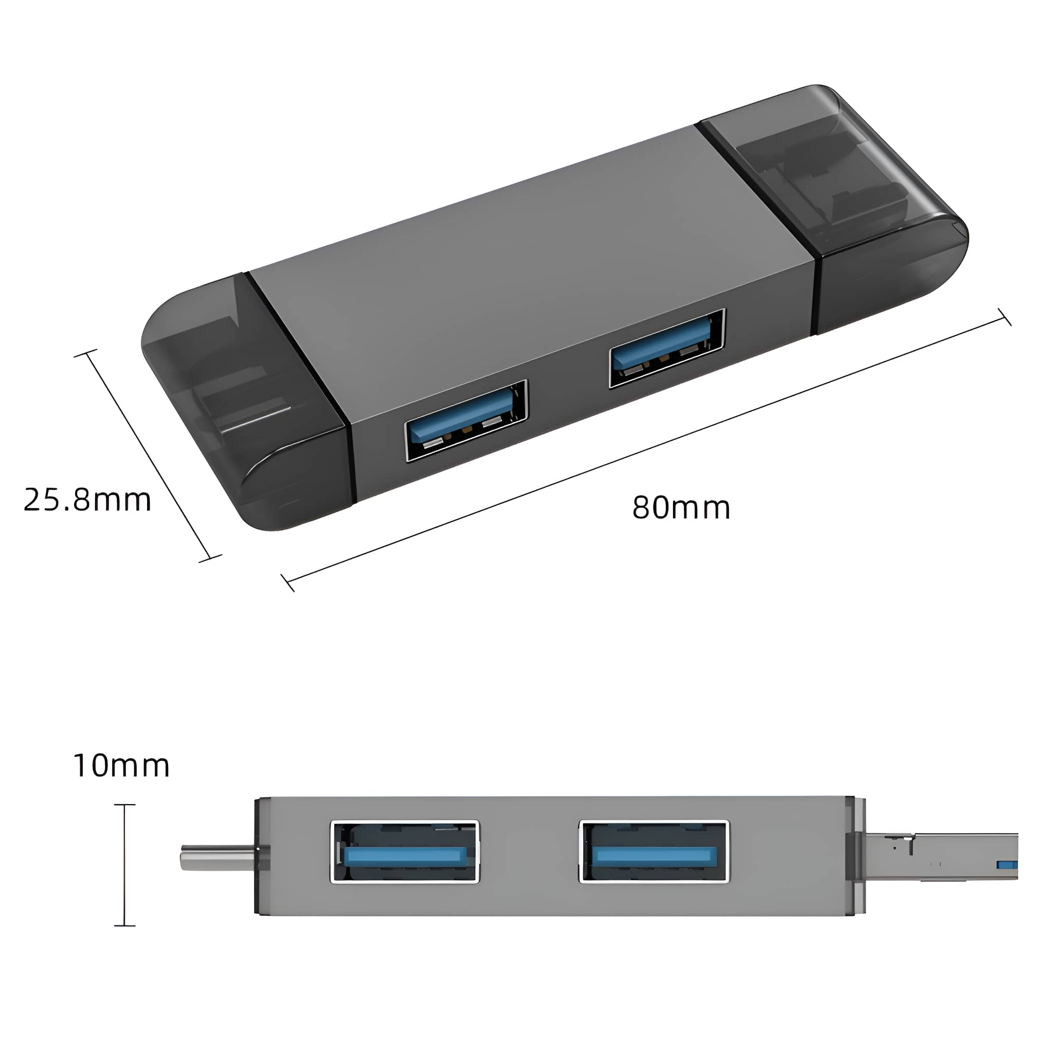 Grauer USB-Hub mit zwei Anschlüssen, schwarzen Enden und Messungen. Es hat eine Abmessung von 80 mm x 25,8 mm und 10 mm Höhe.