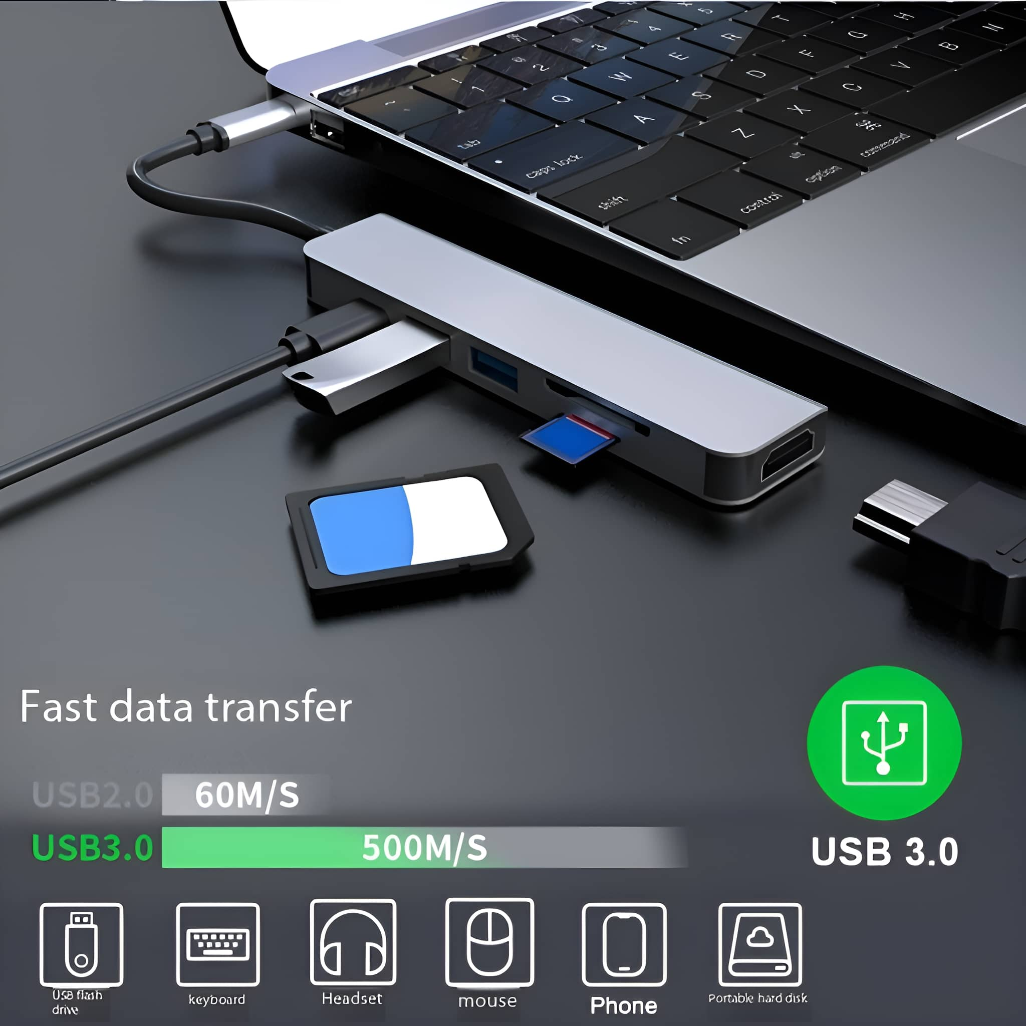 Laptop, der an einen silbernen USB-Hub mit USB-Anschlüssen und SD-Kartensteckplatz angeschlossen ist.