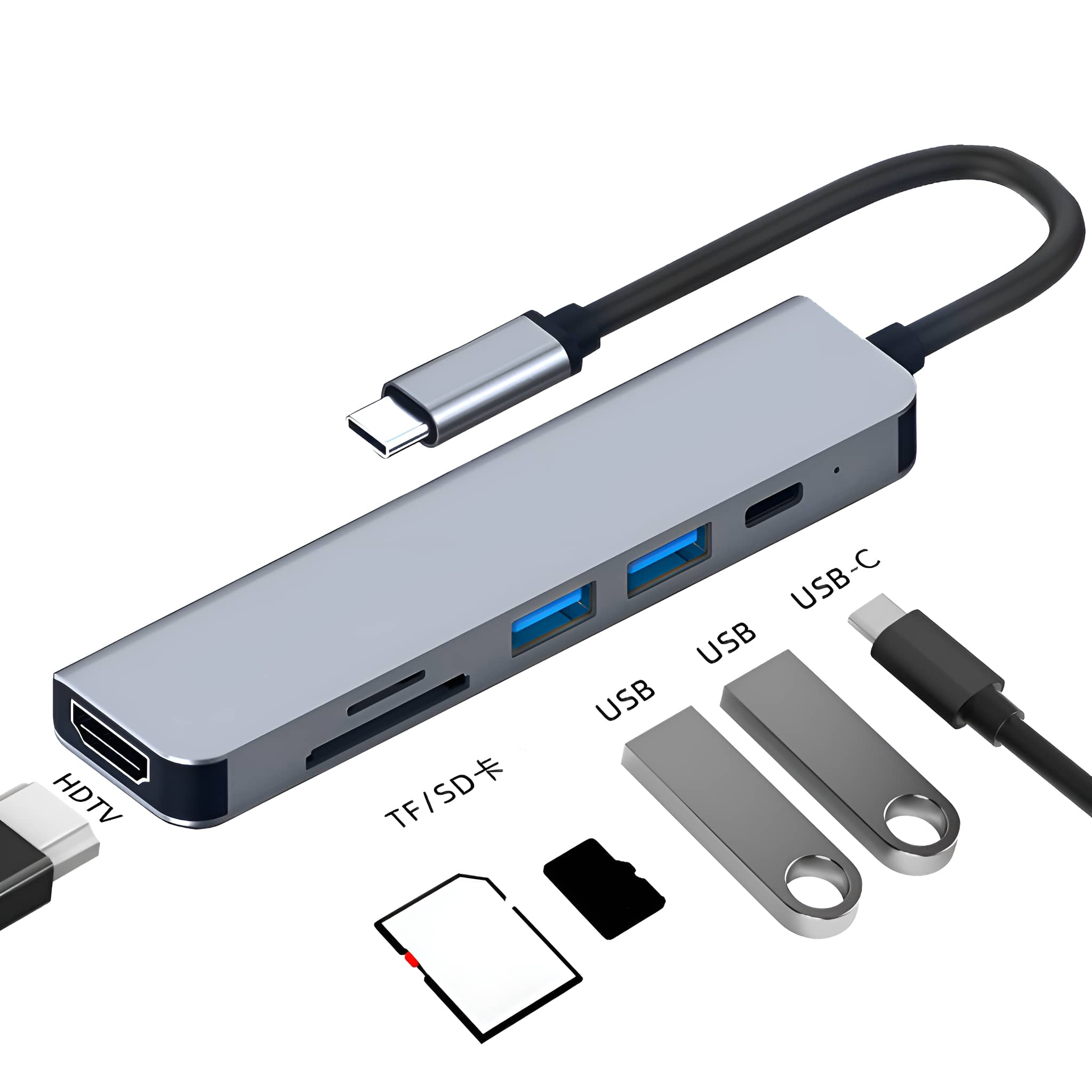 Silberner USB-C-Hub mit mehreren Anschlüssen: HDMI, USB und TF/SD-Kartenleser.