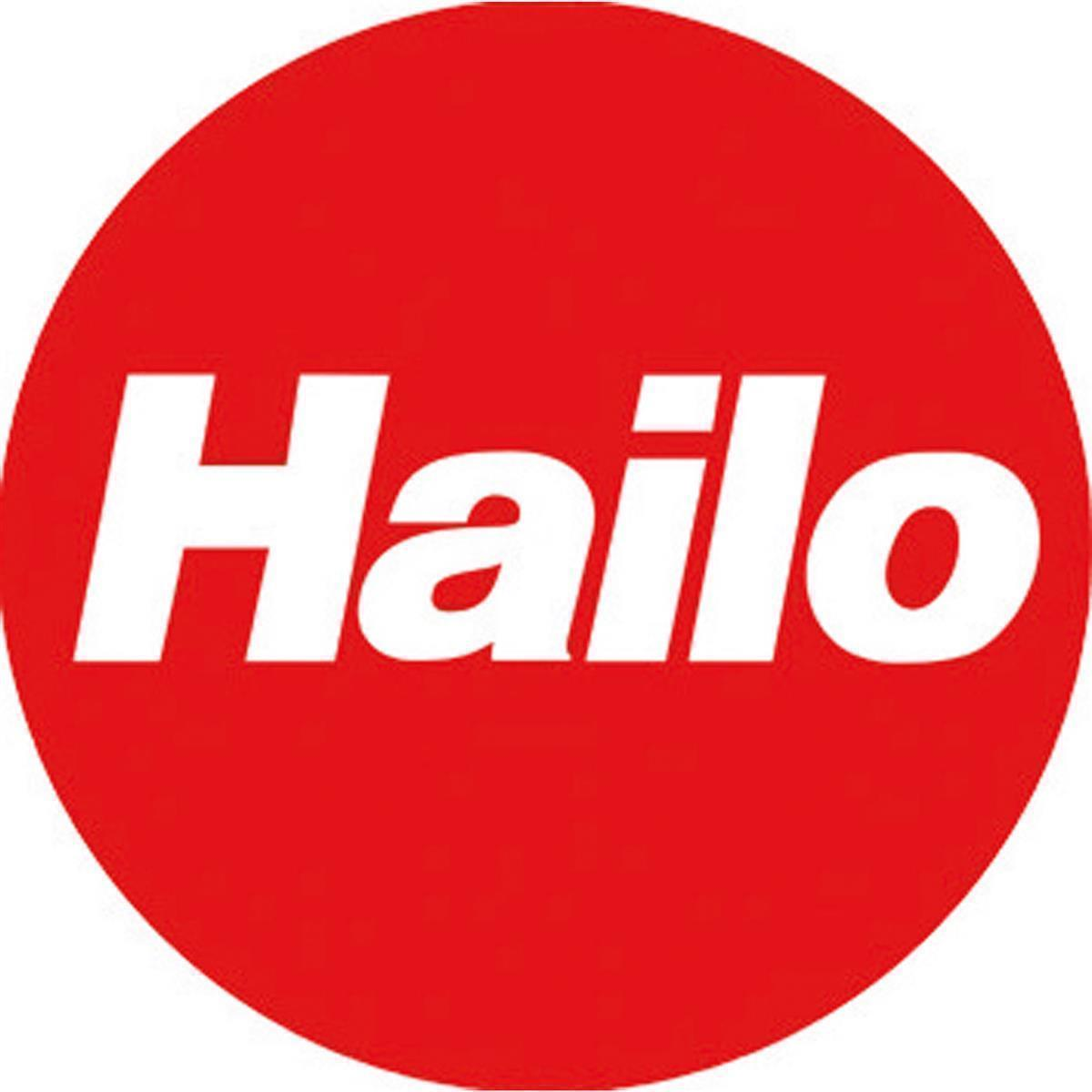 Roter Kreis mit dem weißen Wort „Hailo“. Das Logo ist fett und hebt sich vom Rot ab.