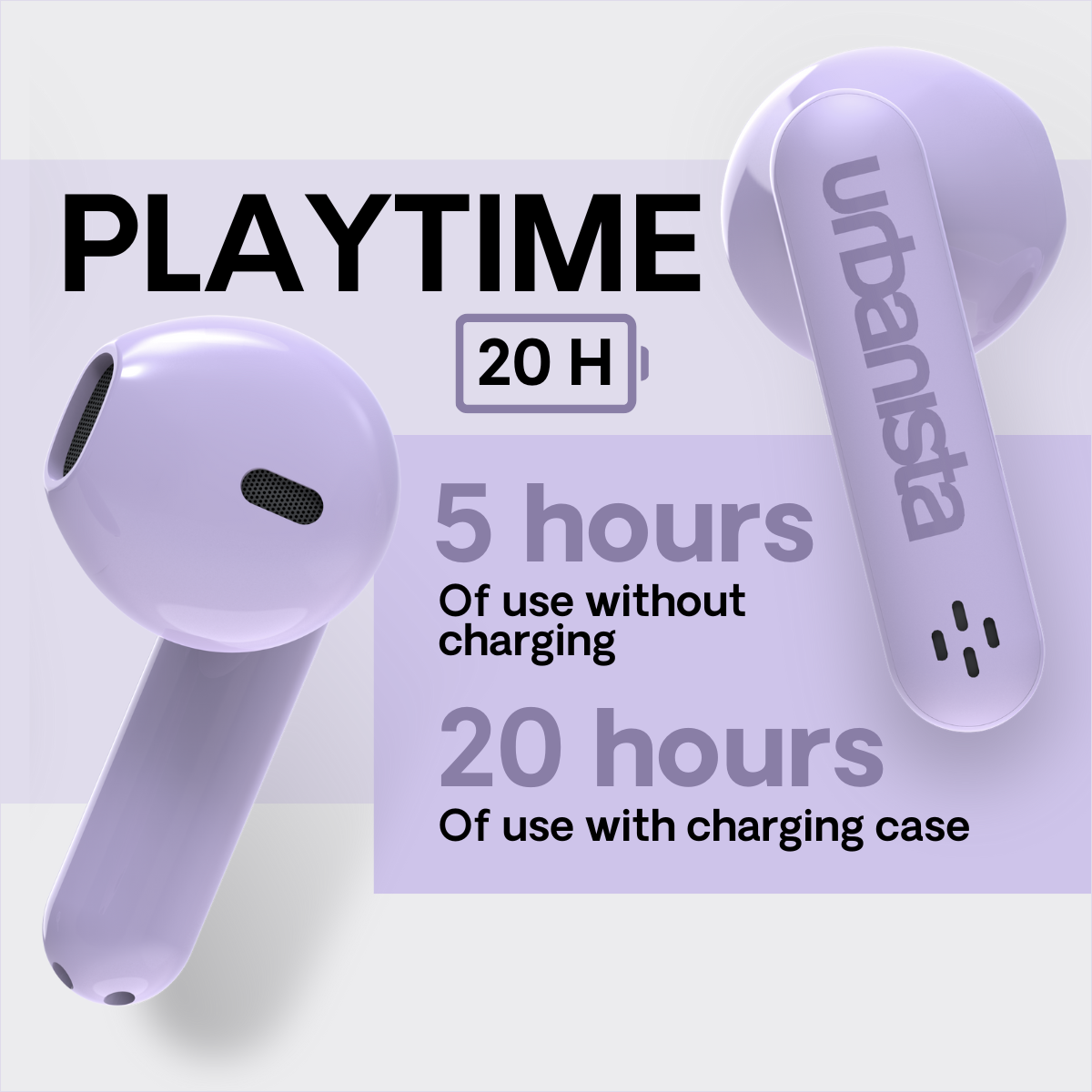 Fioletowe słuchawki douszne z etui ładującym. Tekst wskazuje 20 godzin odtwarzania.