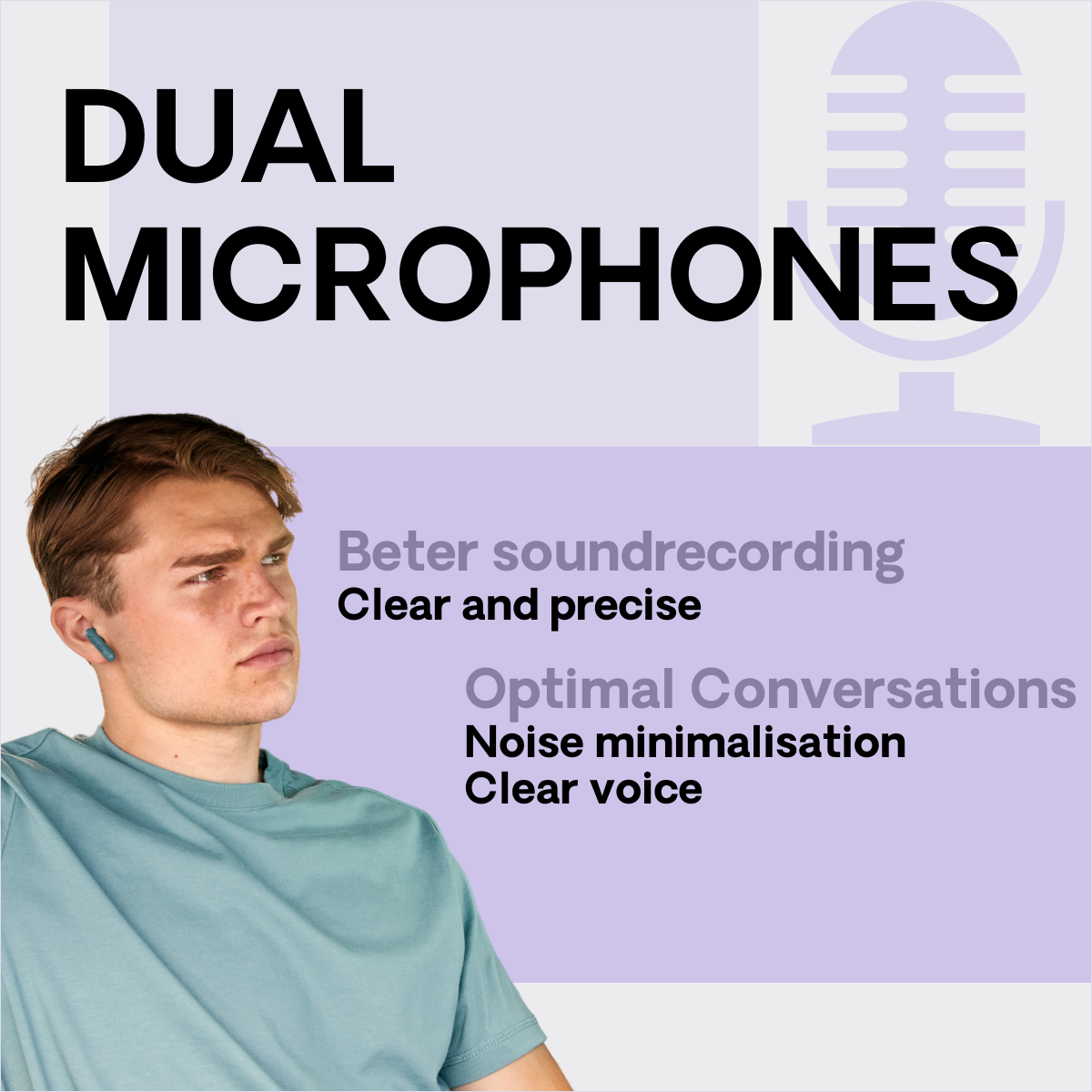 Mężczyzna w słuchawkach patrzy w kamerę. Tekst mówi 'Podwójne mikrofony' i podkreśla funkcje nagrywania dźwięku.