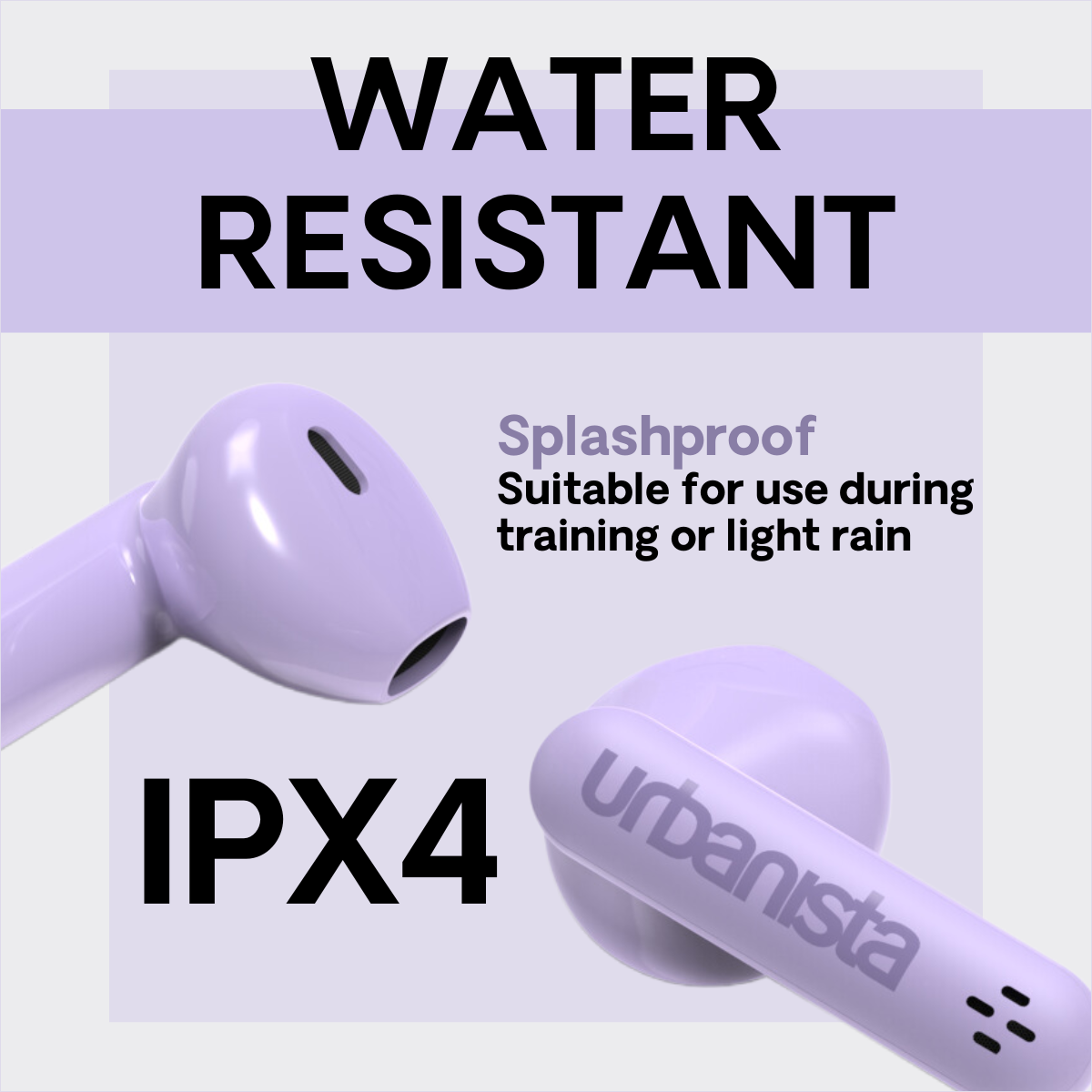 Zbliżenie fioletowych słuchawek z tekstem: Wodoodporne, IPX4 i odporne na zachlapania.