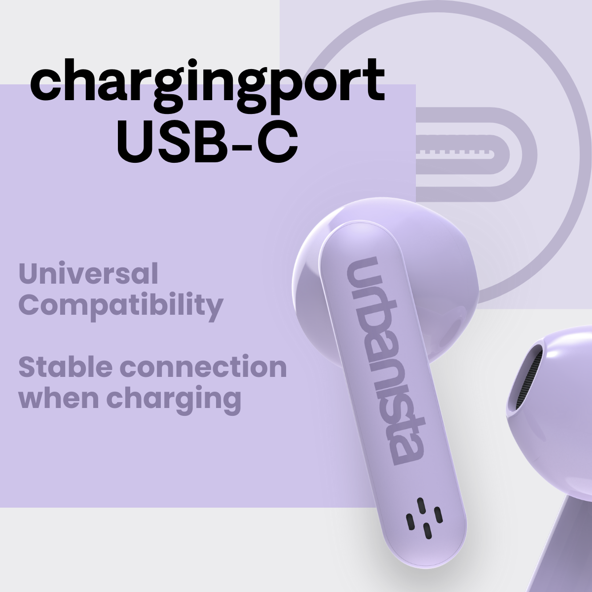 Zbliżenie słuchawek Urbanista, portu ładowania i tekstu: Uniwersalna kompatybilność.