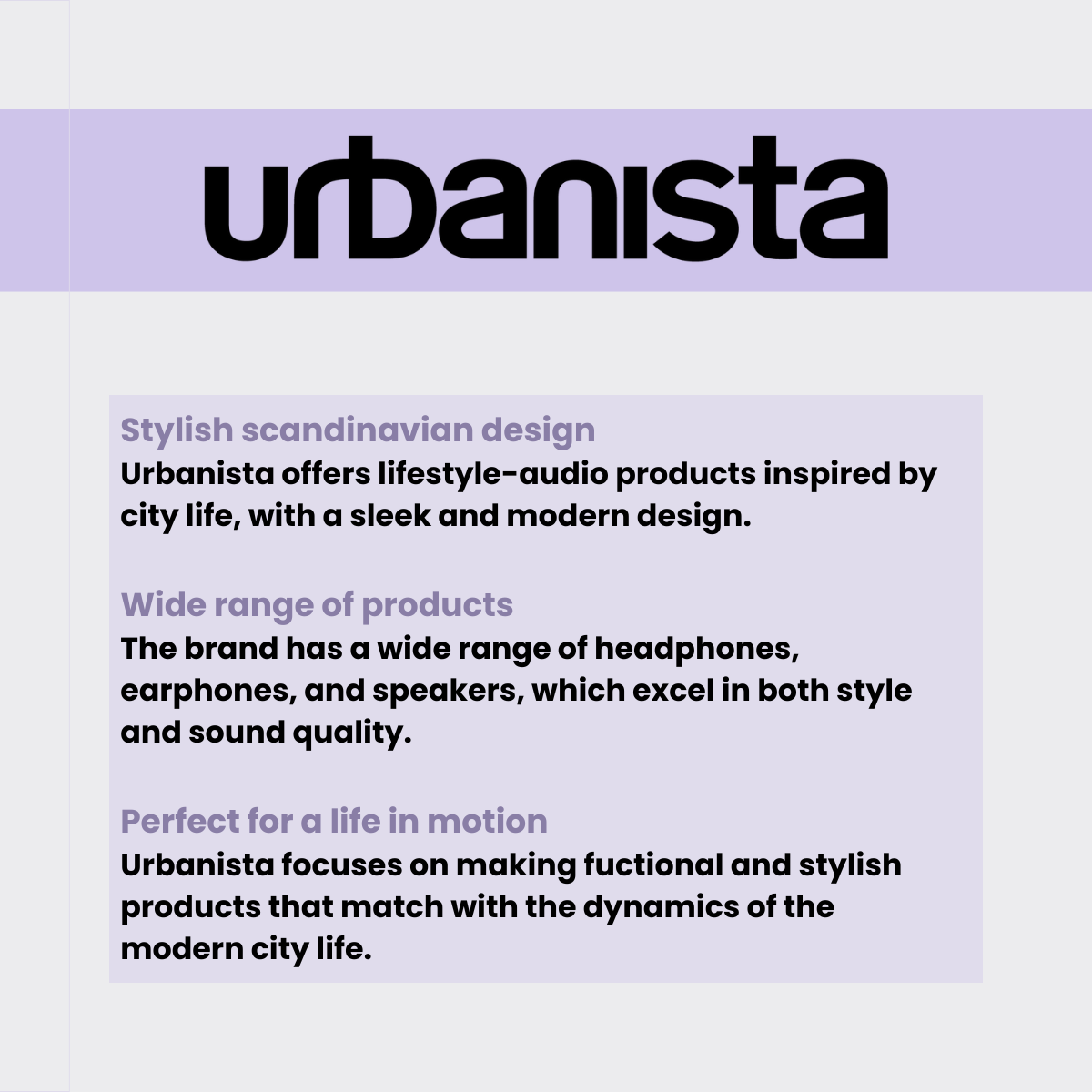 Texto negro 'Urbanista' sobre fondo lila claro con descripciones de productos debajo.