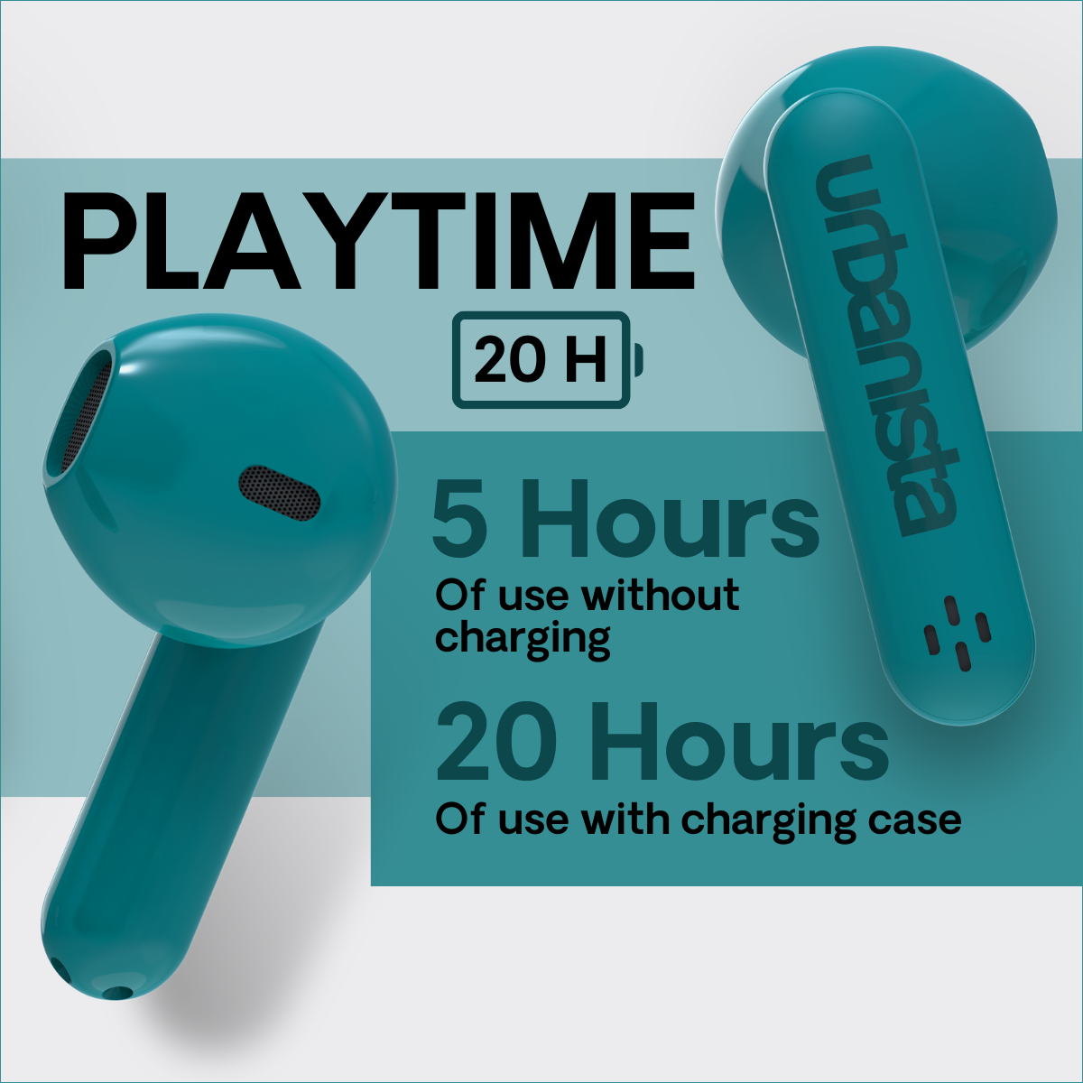 Niebiesko-zielone słuchawki z etui ładującym, z tekstem wskazującym czas odtwarzania i szczegóły ładowania.