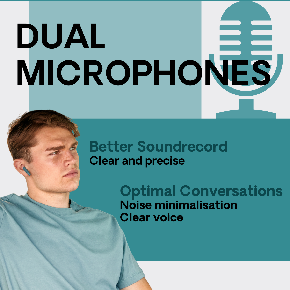 Mężczyzna w słuchawkach, tekst podkreśla podwójne mikrofony dla lepszego nagrywania dźwięku i głosu.