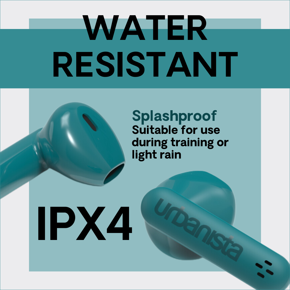 Turkusowe bezprzewodowe słuchawki z nakładką tekstową o wodoodporności IPX4.