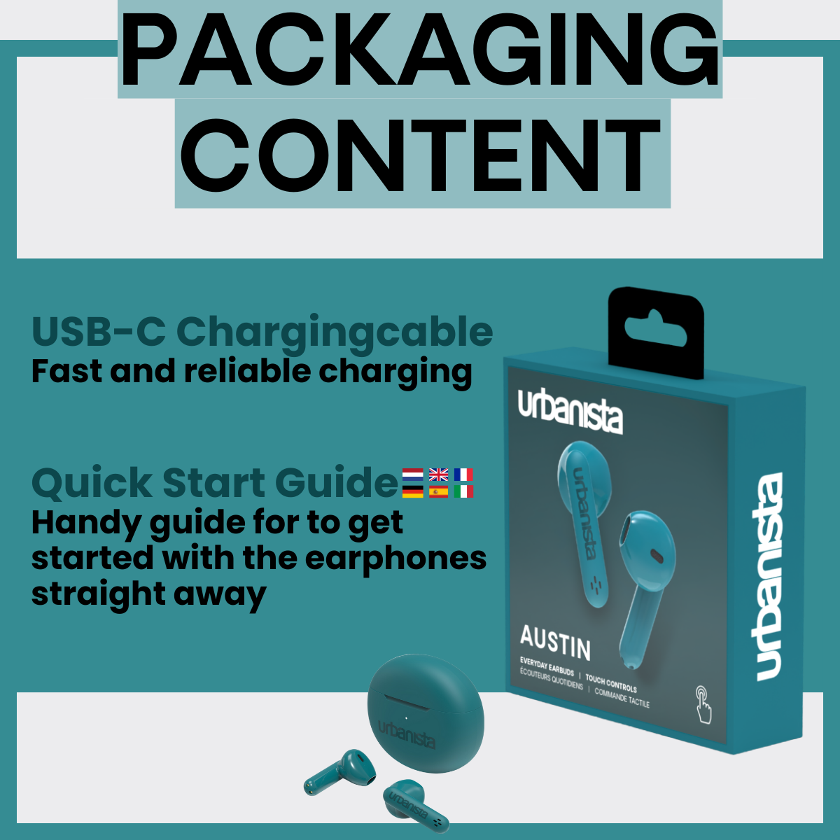 Verpackungsinhalt: eine Schachtel mit blauen Ohrhörern, Ladekabel und Kurzanleitung.