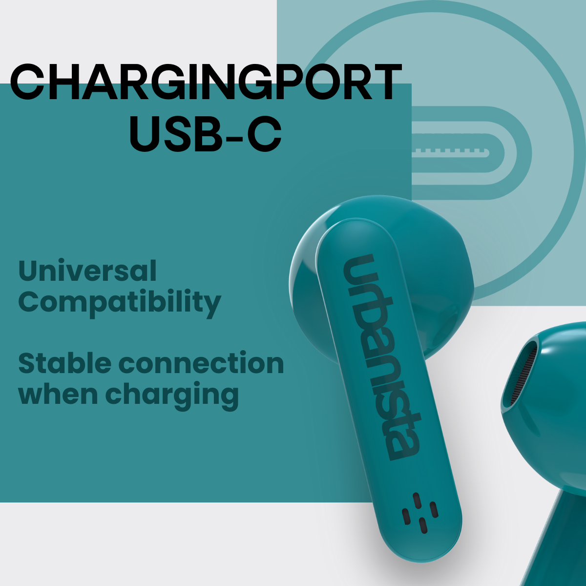 Turkusowe słuchawki z marką 'urbanista'. Port USB-C do ładowania.