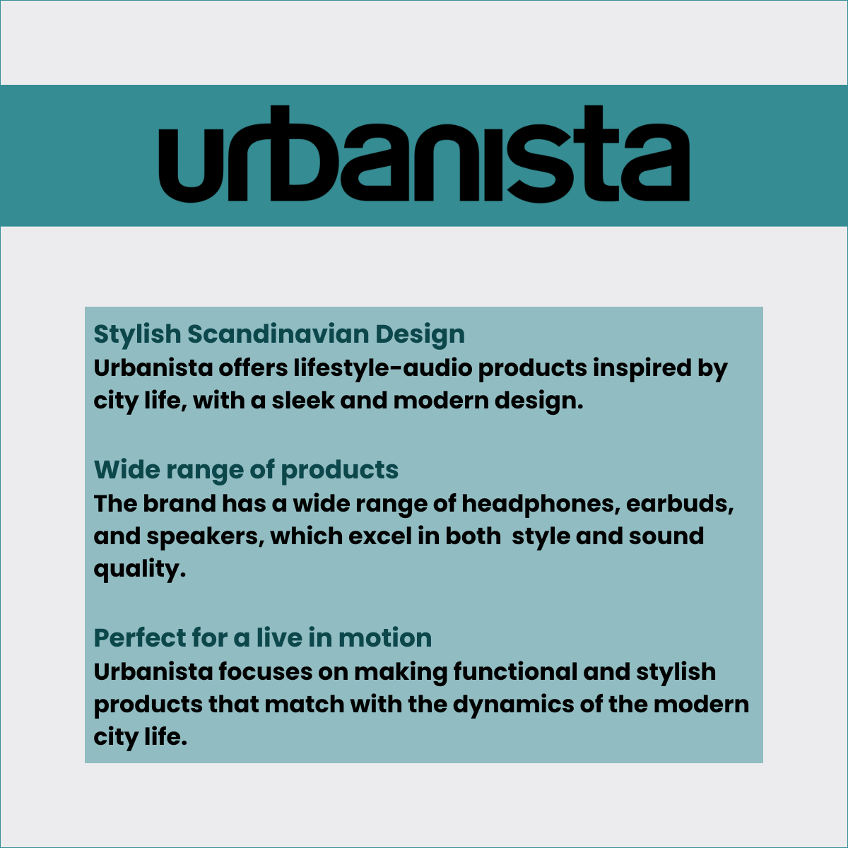 Texto sobre Urbanista, destacando el diseño escandinavo elegante y una amplia gama de productos.